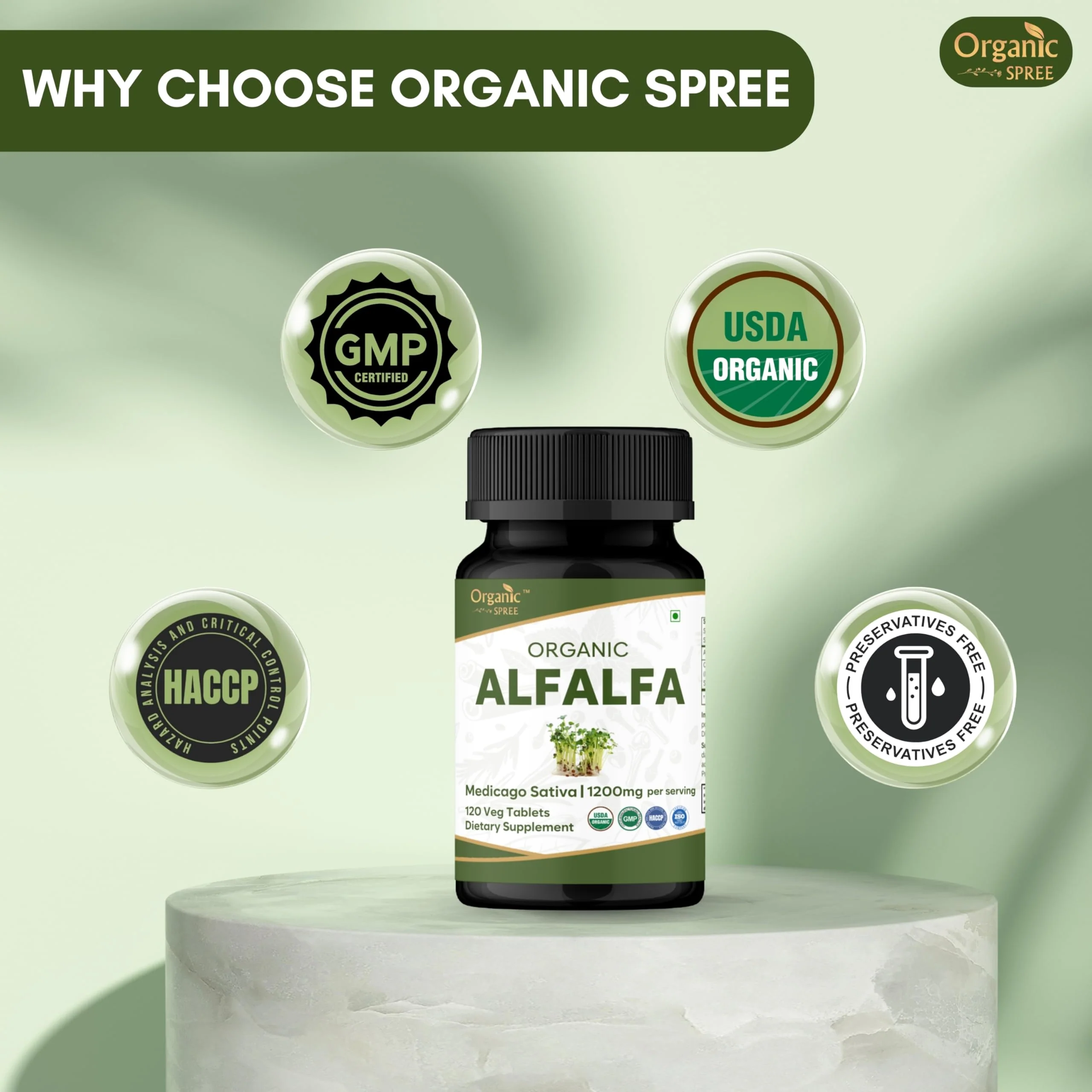 Organic Spree Alfalfa 120 Tablets | Medicago Sativa | USDA Organic | Pack of 3 - Image 2