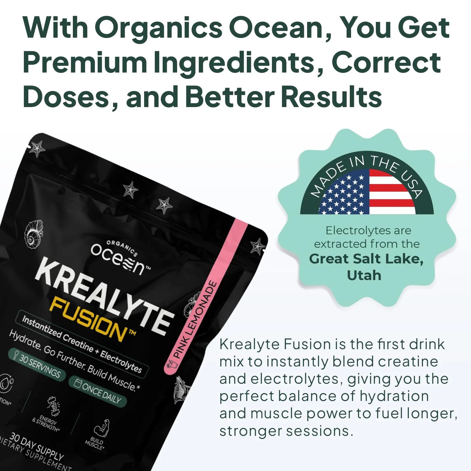 Organics Ocean Krealyte Fusion: Instantized Creatine Monohydrate + Electrolytes, Pink Lemonade, 30 Servings - Image 3
