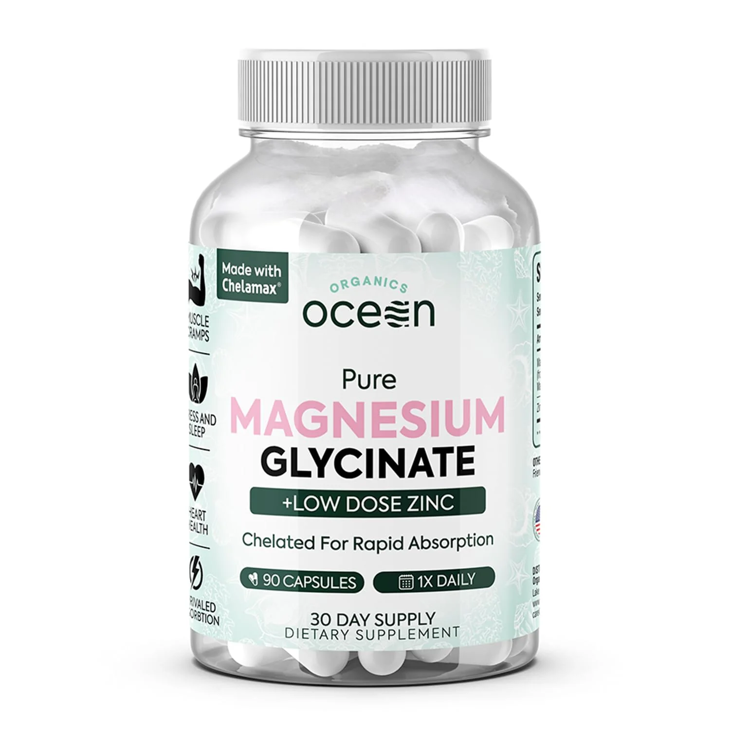 Organics Ocean Magnesium Glycinate with Zinc – Maximum Strength Chelated Magnesium (90 Capsules)