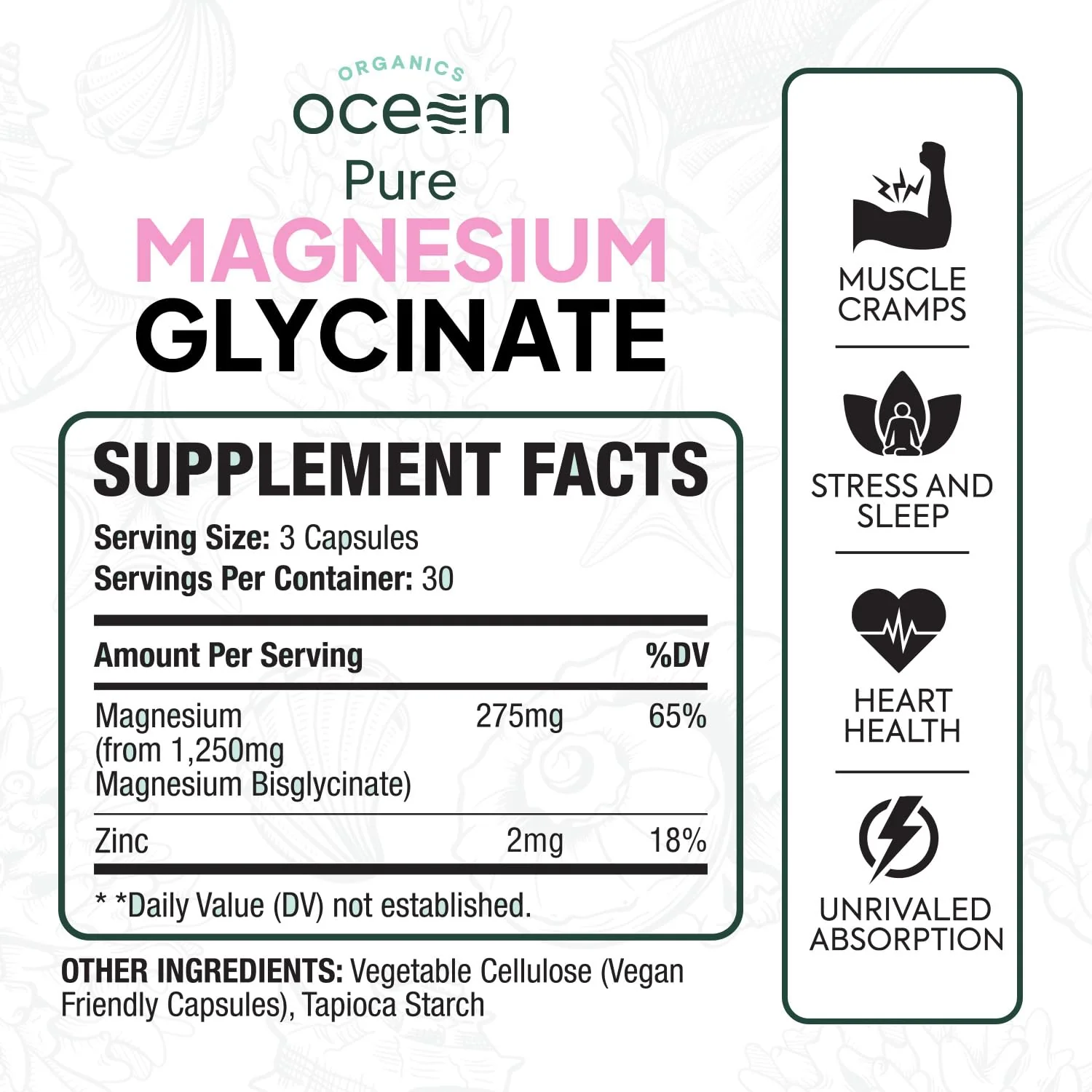 Organics Ocean Magnesium Glycinate with Zinc - Maximum Strength Chelated Magnesium for Sleep & Muscle Cramps - 2 Bottles - Image 2