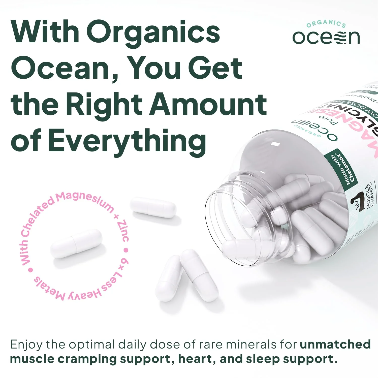 Organics Ocean Magnesium Glycinate with Zinc – Maximum Strength Chelated Magnesium for Sleep Support, Muscle Cramps & Heart Health – 3 Bottles - Image 3