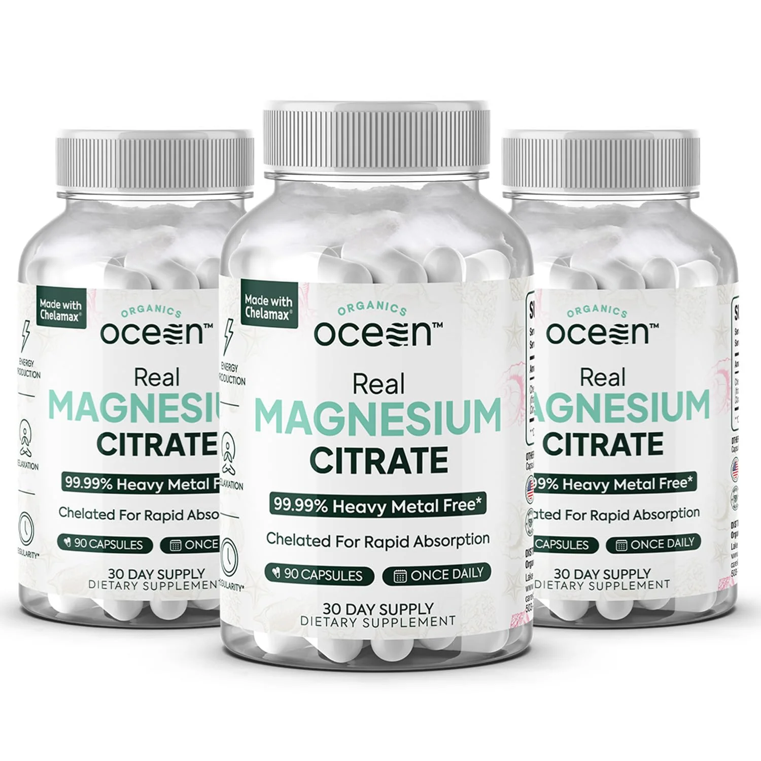 Organics Ocean Real Magnesium Citrate - High Absorption Chelated Magnesium Supplement - 3 Pack Bulk
