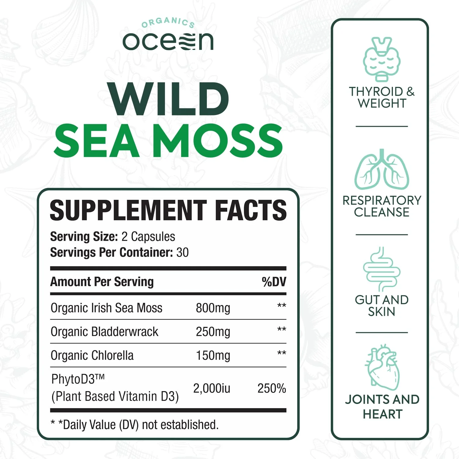 Organics Ocean Wild Sea Moss Capsules – Organic Irish Sea Moss, Chlorella, Bladderwrack & Vitamin D3 (3 Bottles) - Image 2