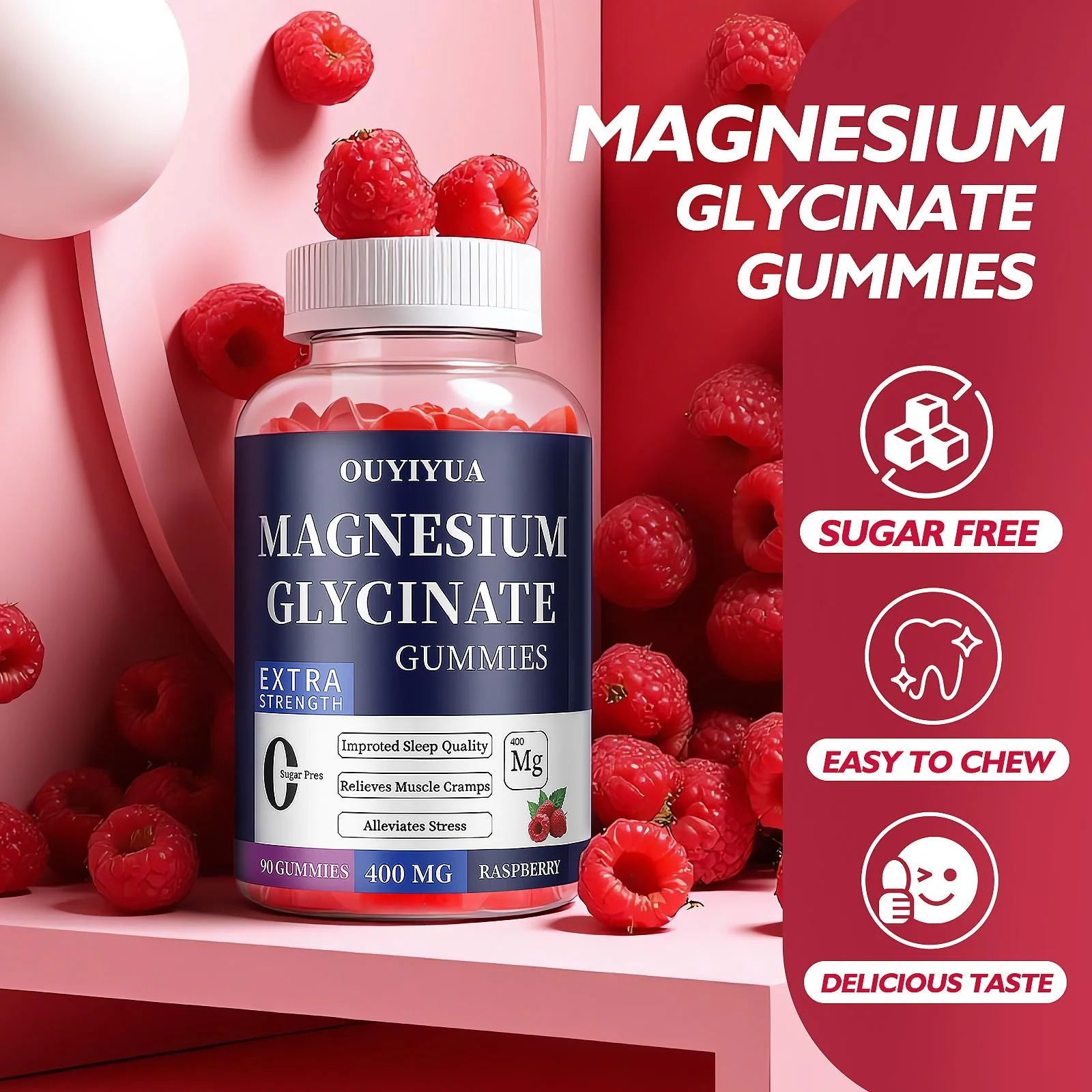 OUYIYUA Magnesium Glycinate 400mg Gummies - Sugar Free with Vitamin D & B6 | 2 Pack - Image 6