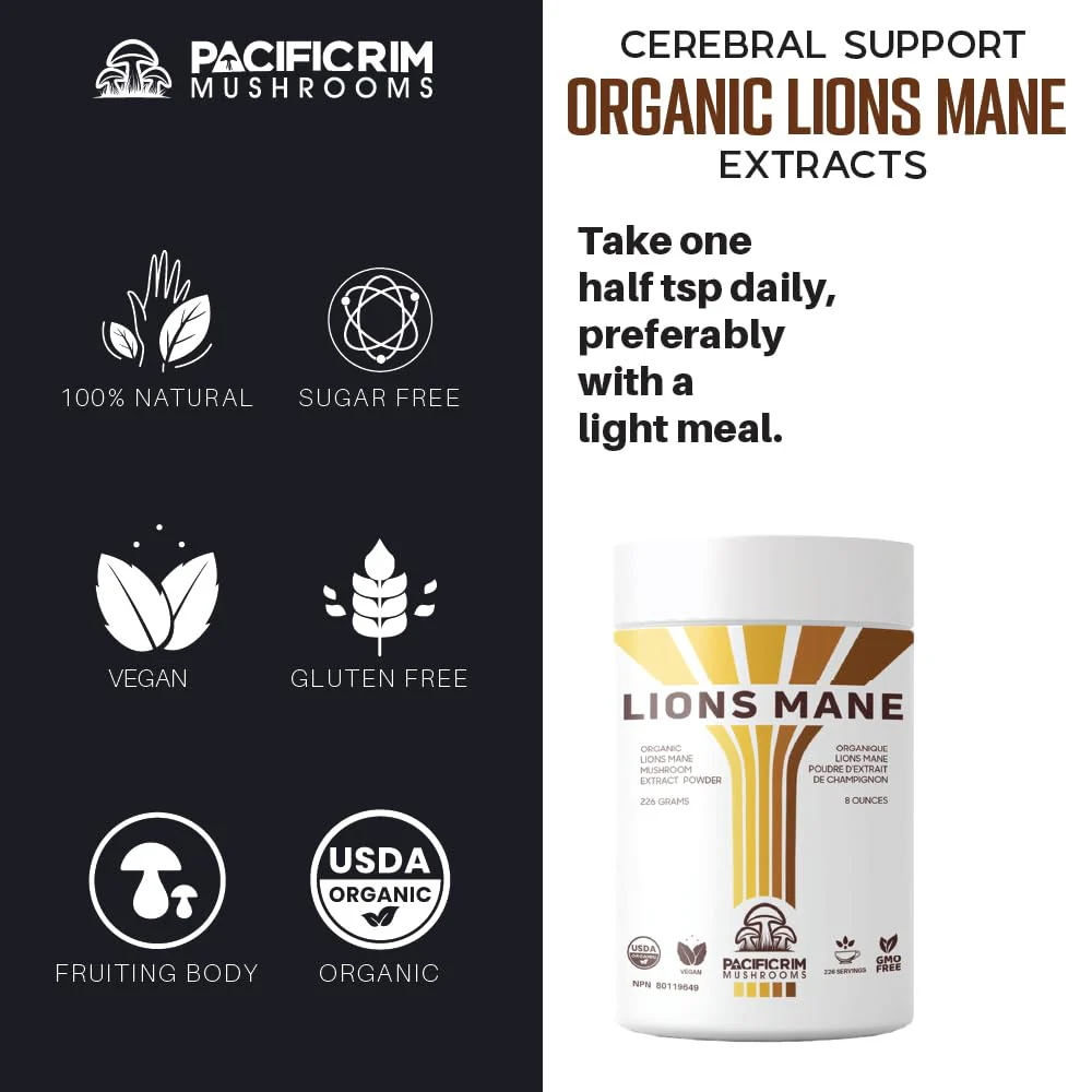 Pacific Rim Mushrooms Lions Mane Supplement Powder Ultra Strength 10:1 Organic Lions Mane Mushroom Supporting Memory, Cognition, Brain Health, 8 Ounces / 226 Servings - Image 4