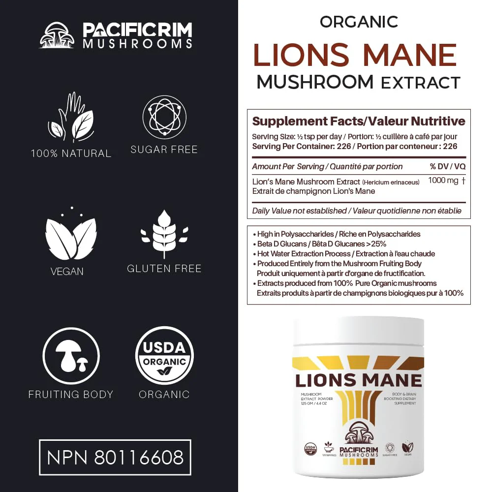 Pacific Rim Mushrooms Lions Mane Supplement Powder Ultra Strength 10:1 Organic Lions Mane Mushroom Supporting Memory, Cognition, Brain Health, 8 Ounces / 226 Servings - Image 7