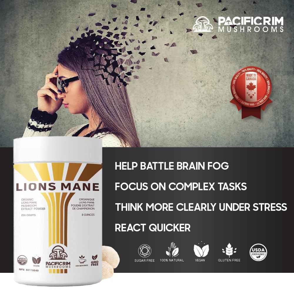 Pacific Rim Mushrooms Lions Mane Supplement Powder Ultra Strength 10:1 Organic Lions Mane Mushroom Supporting Memory, Cognition, Brain Health, 8 Ounces / 226 Servings - Image 9