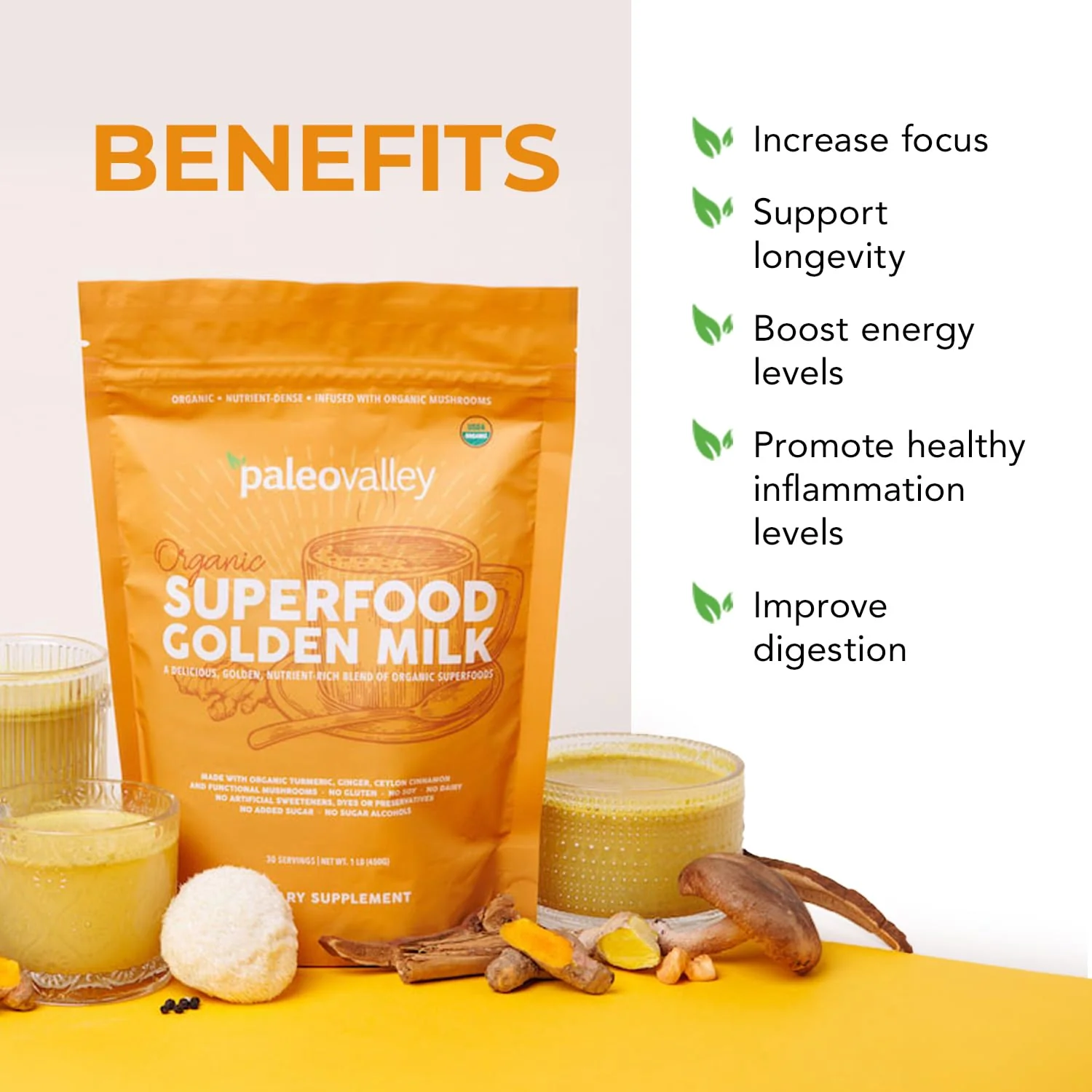 Paleovalley Organic Superfood Golden Milk — Turmeric, Whole Mushroom Blend & MCT Coconut Milk, 30 Servings - Image 2