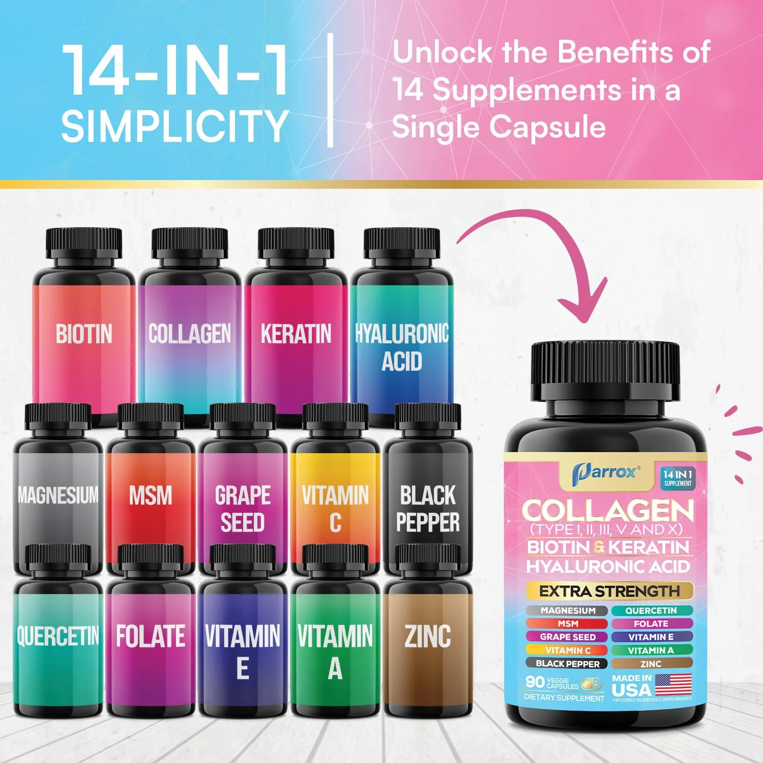Parrox Collagen Capsules 14-in-1: Types I–X, Biotin, Keratin & Hyaluronic Acid (90 Capsules) - Image 4