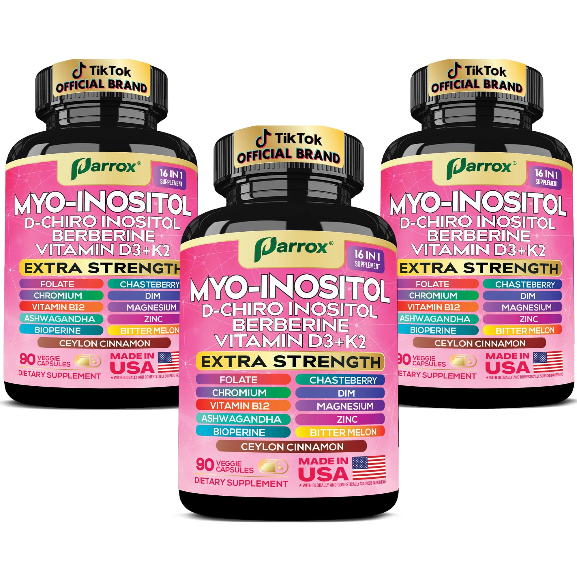 Parrox Myo-Inositol 16-in-1 Supplement | D-Chiro Inositol, DIM, Berberine, D3 + K2 | 3-Month Supply