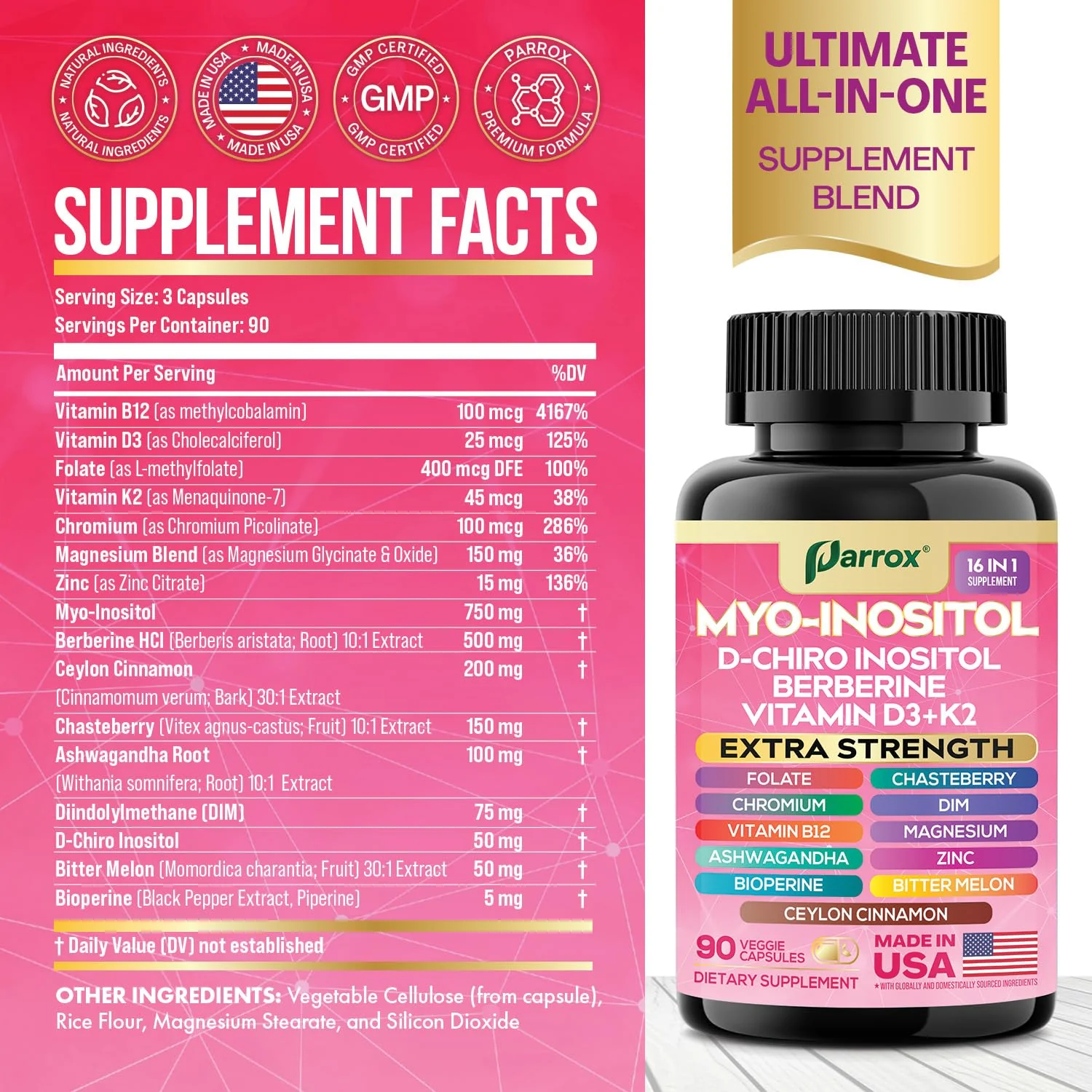 Parrox Myo-Inositol 16-in-1 Supplement | D-Chiro Inositol, DIM, Berberine, D3 + K2 | 3-Month Supply - Image 10