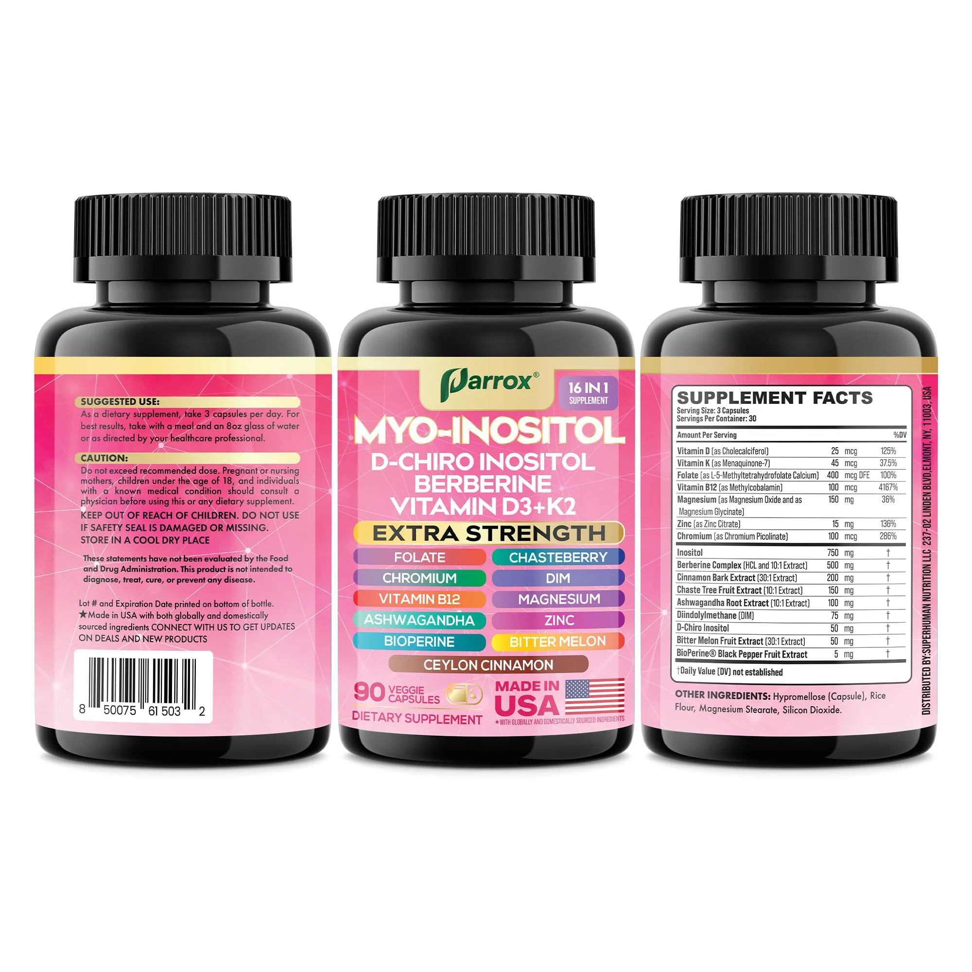 Parrox Myo-Inositol 16-in-1 Supplement | D-Chiro Inositol, DIM, Berberine, D3 + K2 | 3-Month Supply - Image 16