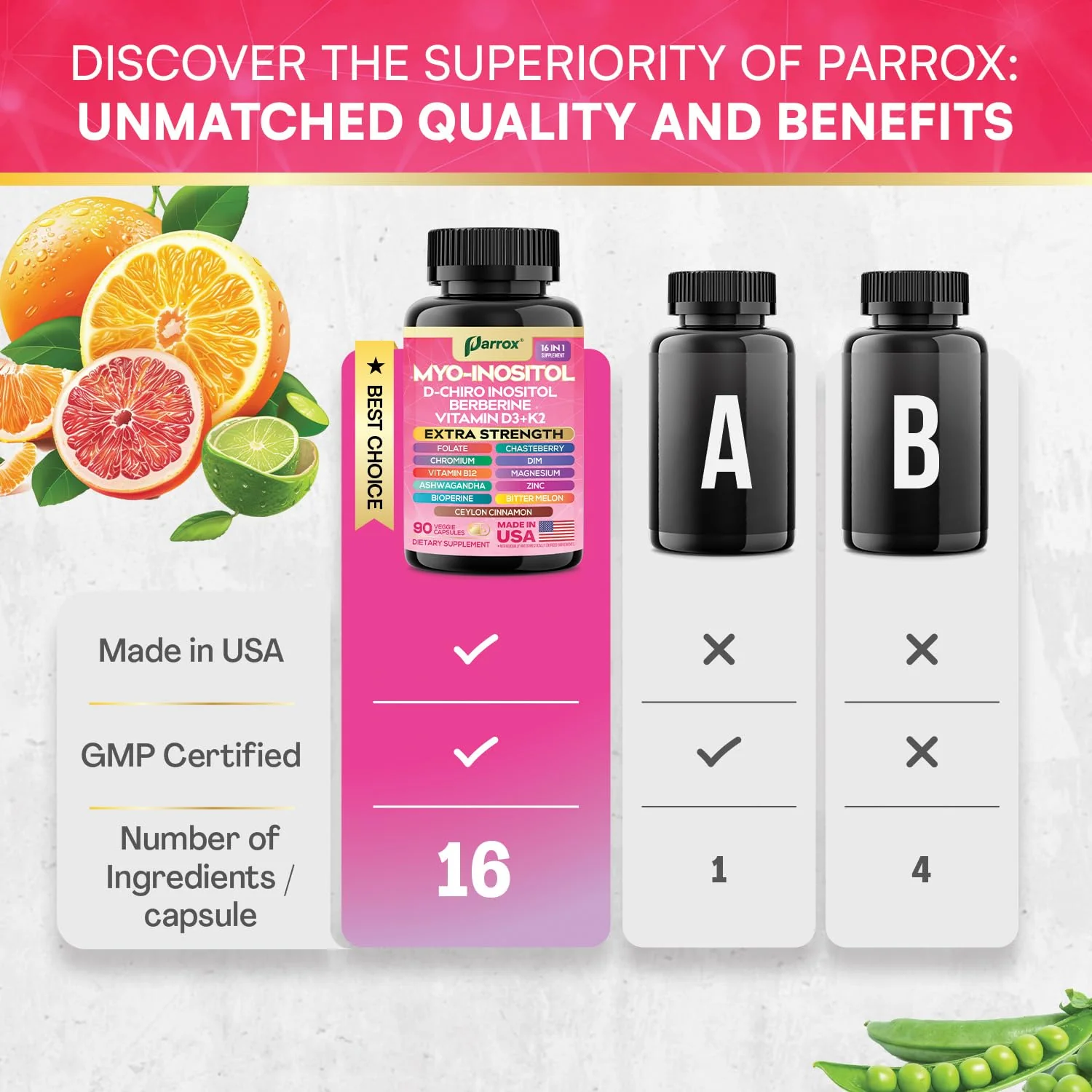 Parrox Myo-Inositol 16-in-1 Supplement | D-Chiro Inositol, DIM, Berberine, D3 + K2 | 3-Month Supply - Image 4