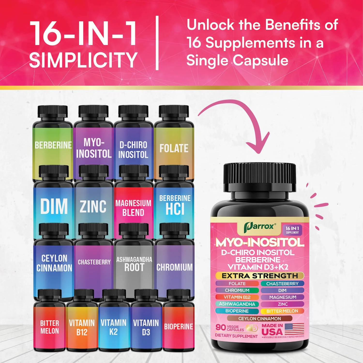 Parrox Myo-Inositol 16-in-1 Supplement | D-Chiro Inositol, DIM, Berberine, D3 + K2 | 3-Month Supply - Image 5