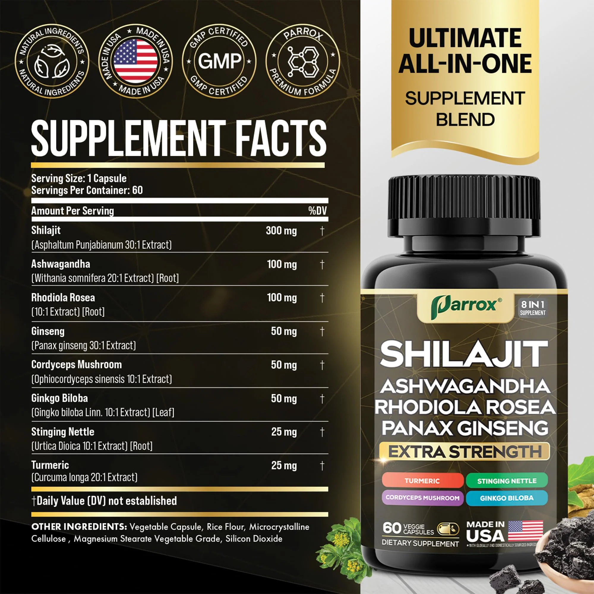 Parrox Shilajit 8-in-1 Supplement – 120 Caps with Panax Ginseng, Ashwagandha, Rhodiola, Turmeric, Ginkgo Biloba, Cordyceps - Image 2