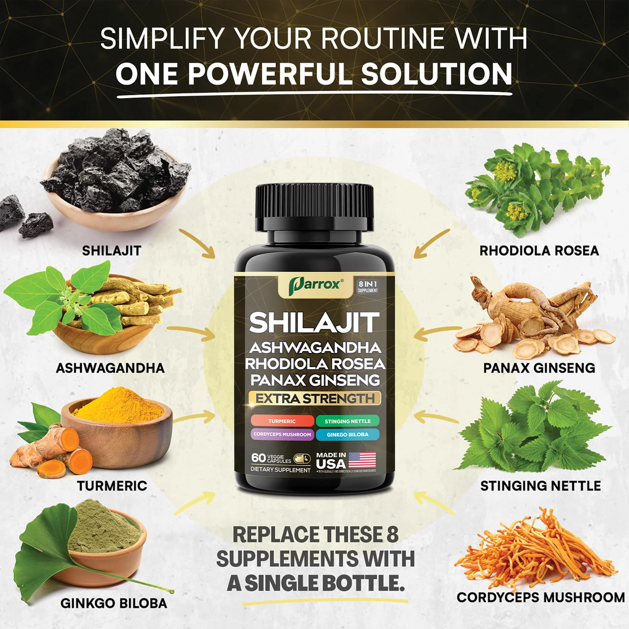 Parrox Shilajit 8-in-1 Supplement – 120 Caps with Panax Ginseng, Ashwagandha, Rhodiola, Turmeric, Ginkgo Biloba, Cordyceps - Image 3
