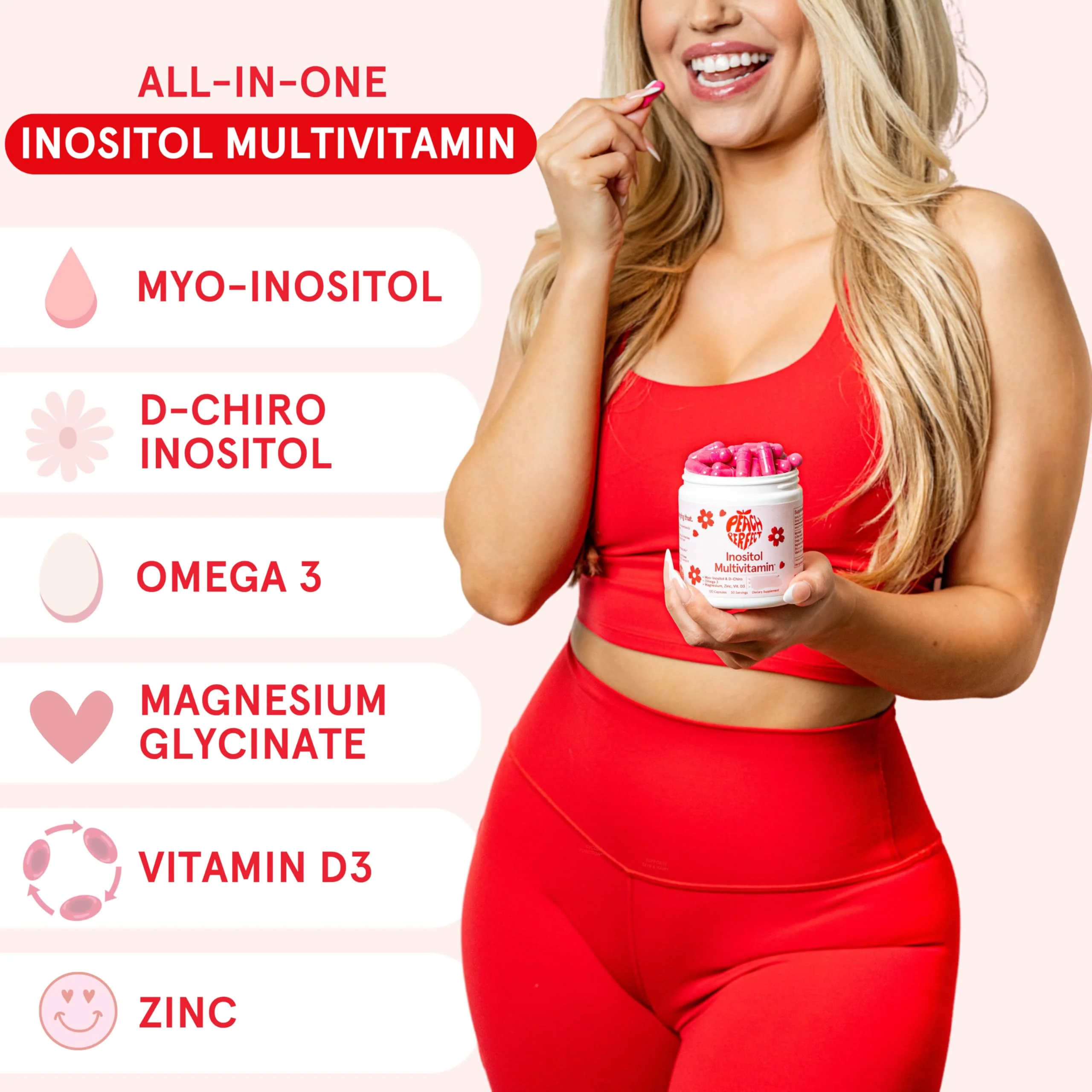 Peach Perfect Inositol Multivitamin – Myo-Inositol & D-Chiro 40:1, Omega-3, D3, Mg, Zn – Women Health – 30 SVG - Image 2