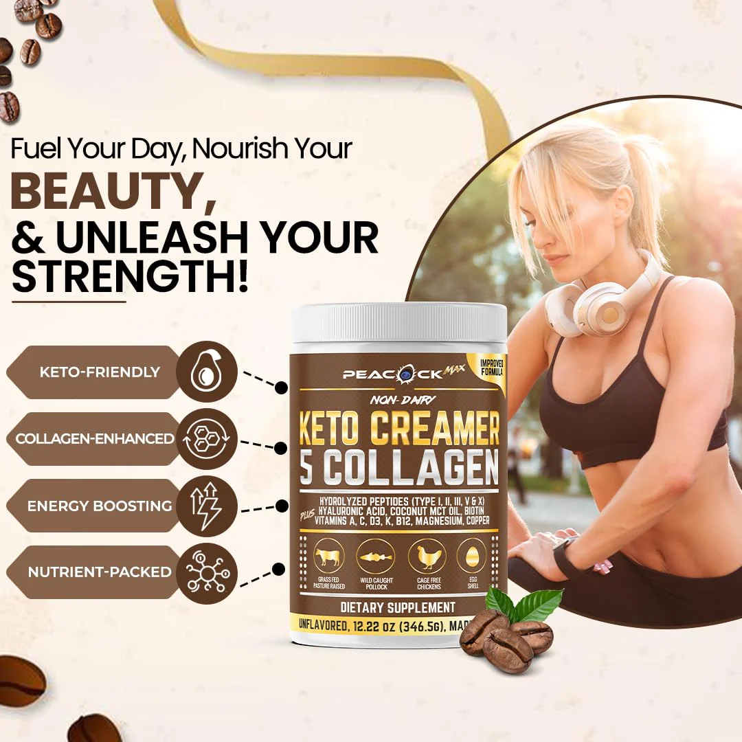 Peacock Max Collagen Keto Creamer Powder – Unflavored, Coconut MCT, B12 & Magnesium (2x24.44 oz) - Image 11
