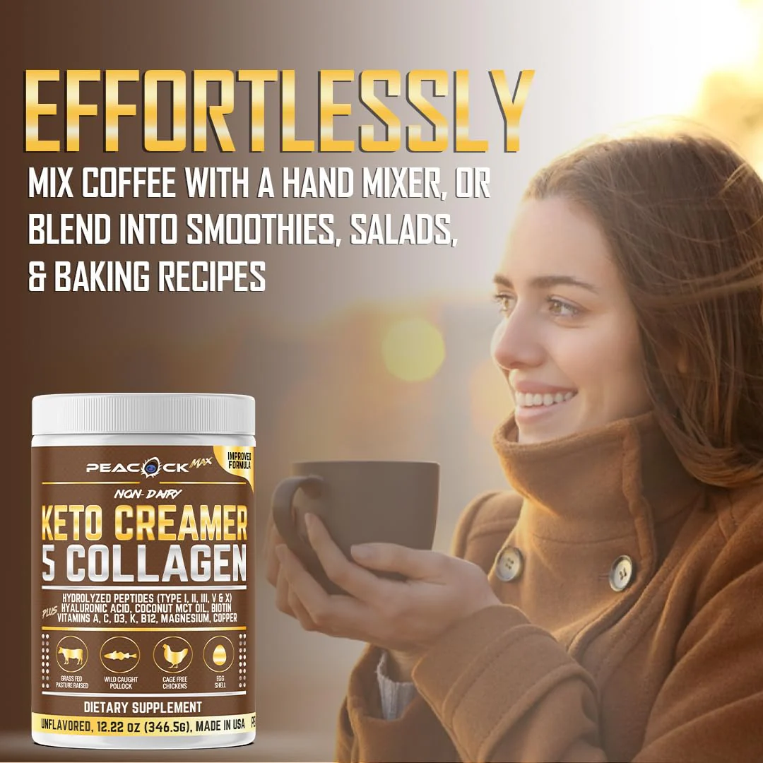 Peacock Max Collagen Keto Creamer Powder – Unflavored, Coconut MCT, B12 & Magnesium (2x24.44 oz) - Image 16