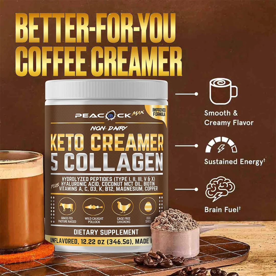 Peacock Max Collagen Keto Creamer Powder – Unflavored, Coconut MCT, B12 & Magnesium (2x24.44 oz) - Image 22