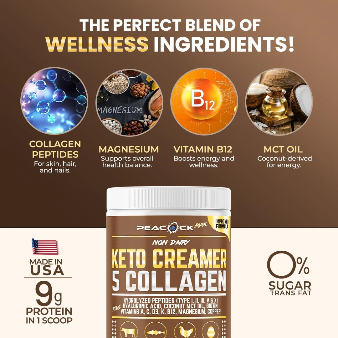 Peacock Max Collagen Keto Creamer Powder – Unflavored, Coconut MCT, B12 & Magnesium (2x24.44 oz) - Image 26