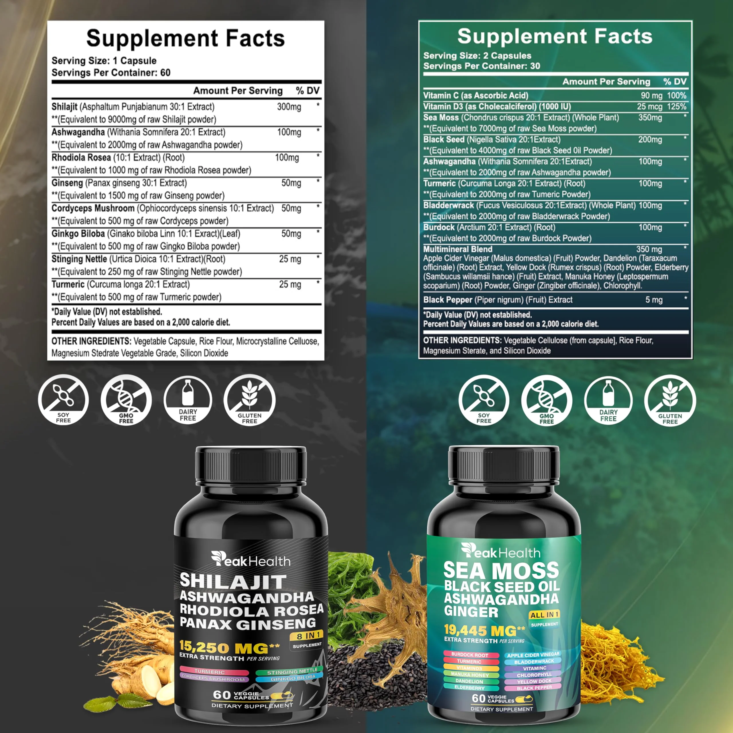 Peakhealth Shilajit Sea Moss & Black Seed Oil Capsules – 2 Bottle Combo (60 Capsules Each) - Image 2