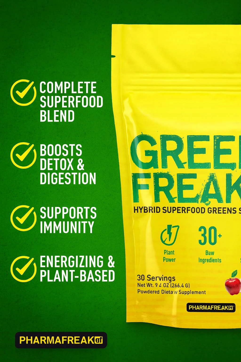 Pharmafreak Greens Freak – Sweet Apple Greens Powder with Spirulina & 30+ Ingredients - Image 3