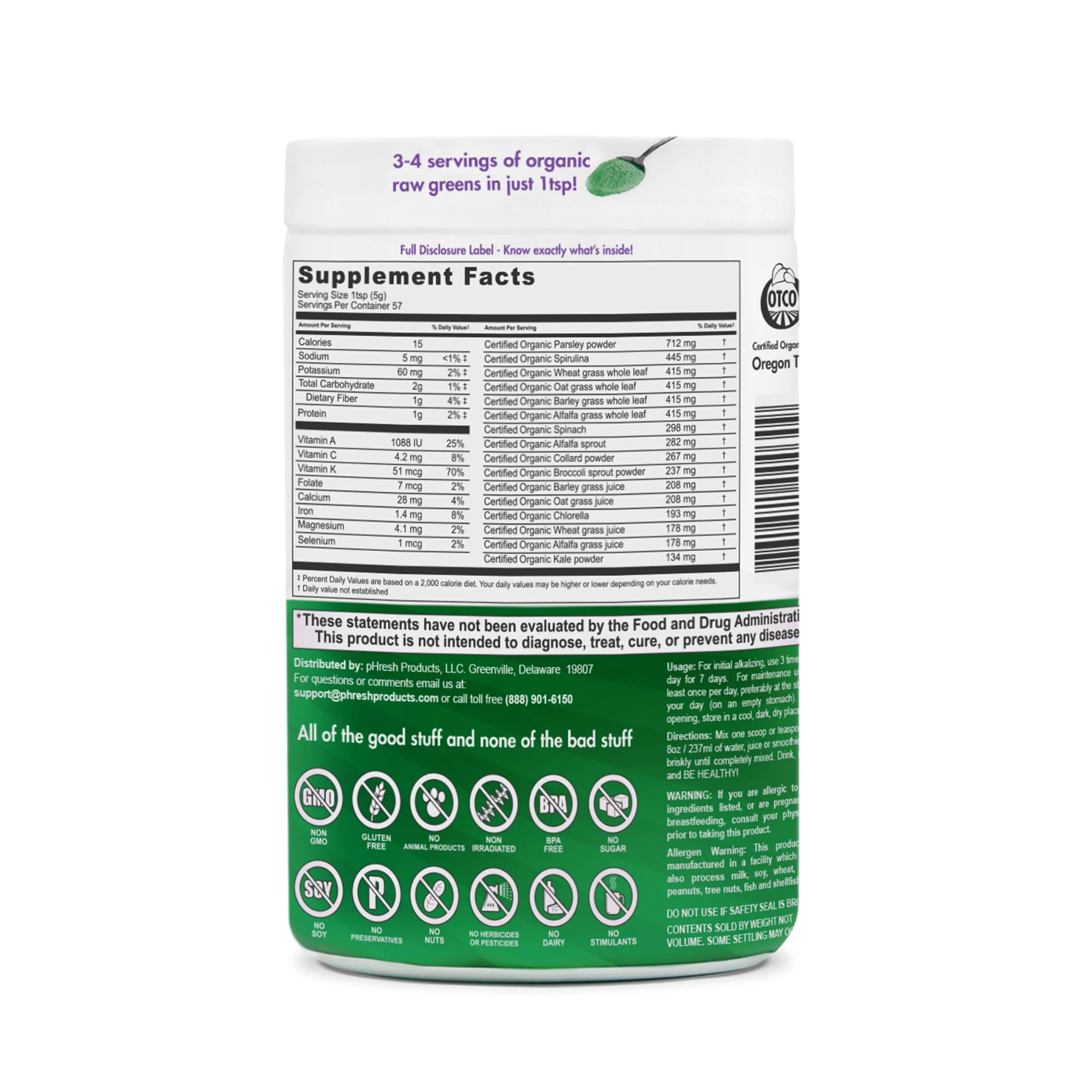 pHresh Greens Raw Alkalizing Superfood Powder – 10 oz – 2 Month Supply – Vegan, Kosher, Gluten Free - Image 4
