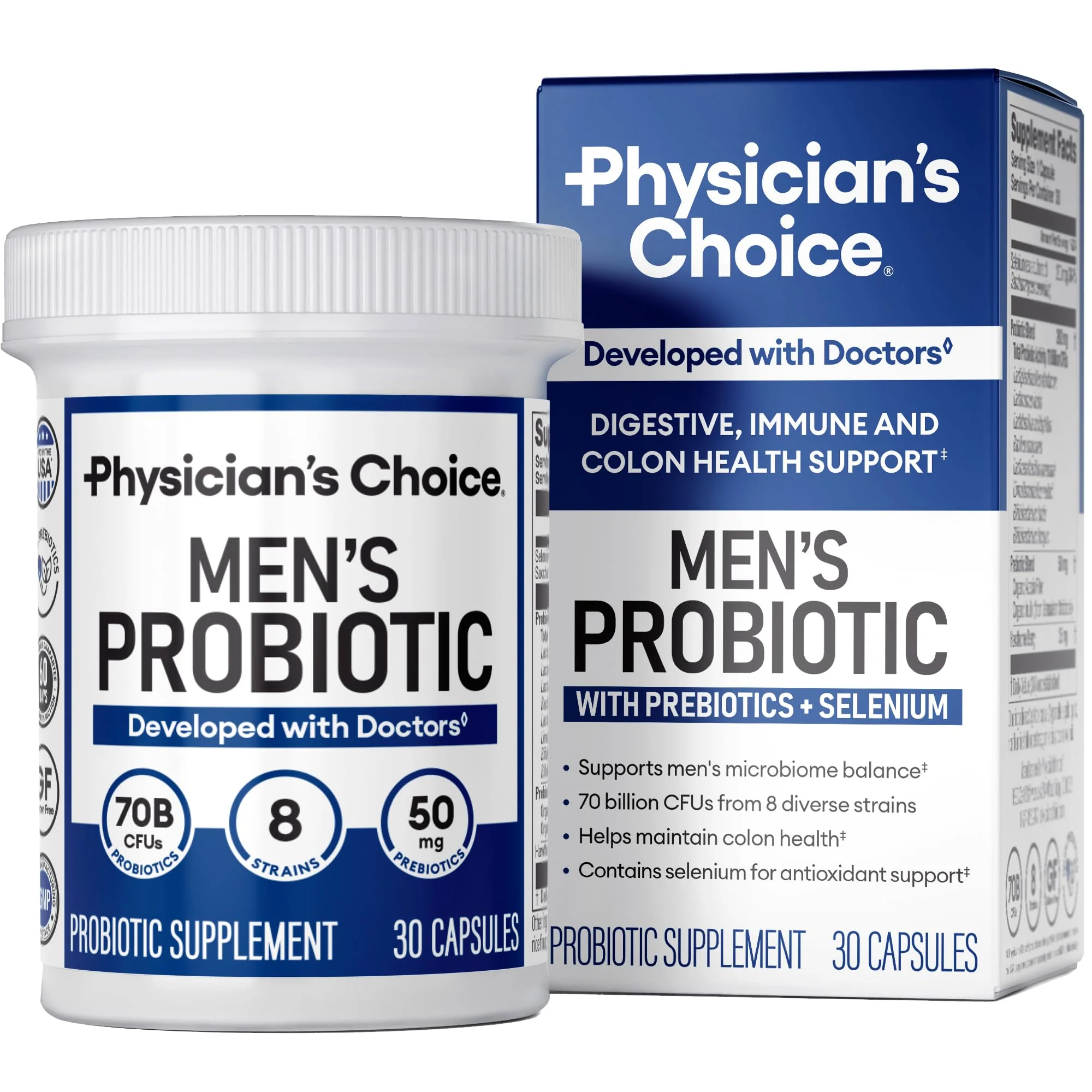 Physician's Choice Probiotics for Men - 70B CFU, 8 Strains, Selenium & Organic Prebiotics | Digestive & Immune Health - 30ct