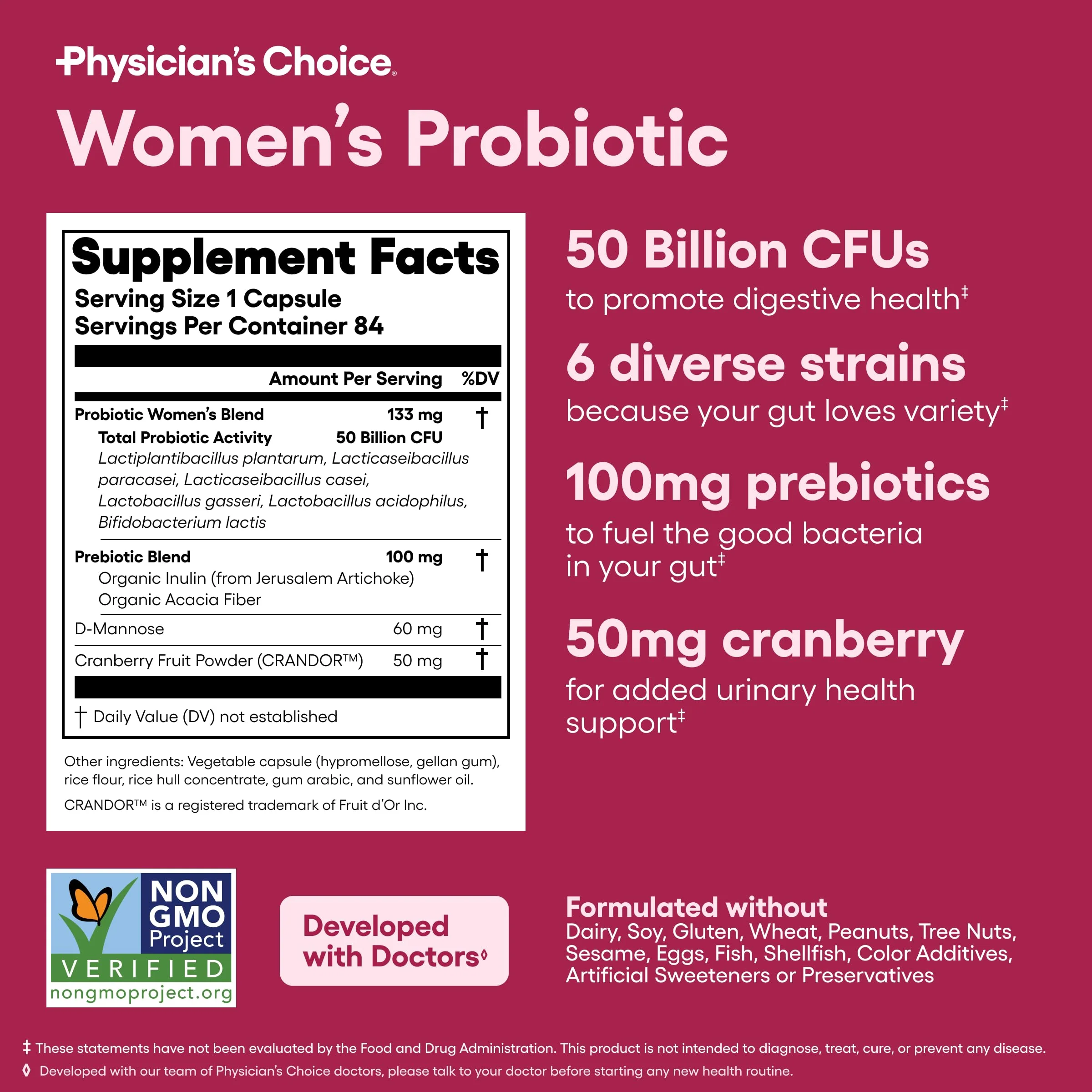Physician's CHOICE Probiotics for Women - 50B CFU, 6 Strains, Cranberry + Organic Prebiotics - 84 CT - Image 6