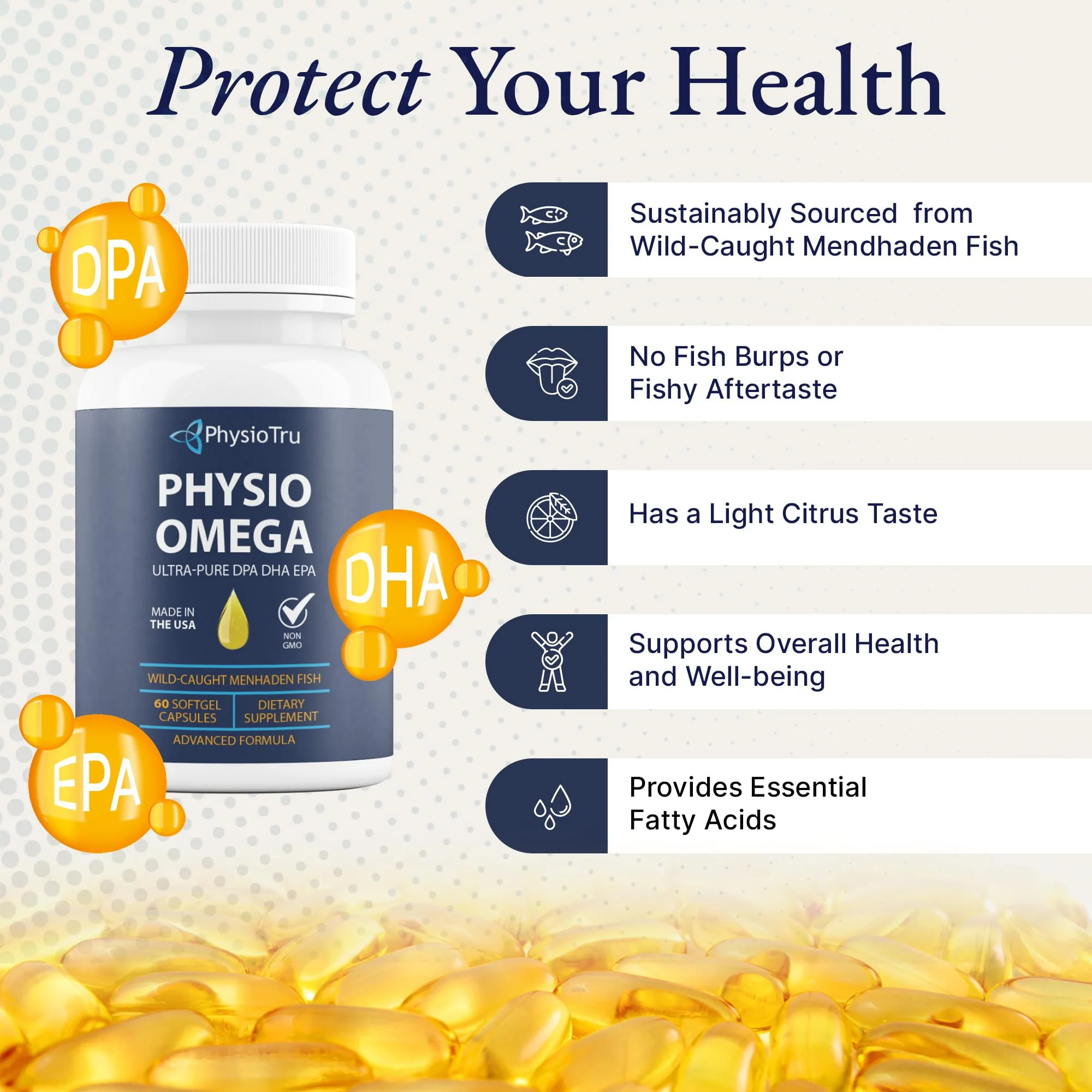 PhysioTru Omega 2400mg Fish Oil — EPA DHA DPA, Burpless, Light Citrus Flavor, Sustainably Sourced, 60 Softgels - Image 4