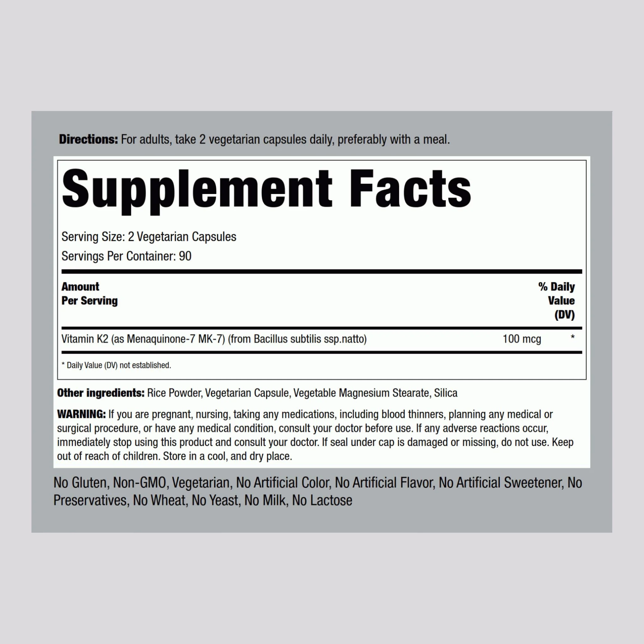 Piping Rock K2 MK7 Vitamin Supplement 100 mcg | 180 Vegetarian Capsules | Pack of 2 - Image 2