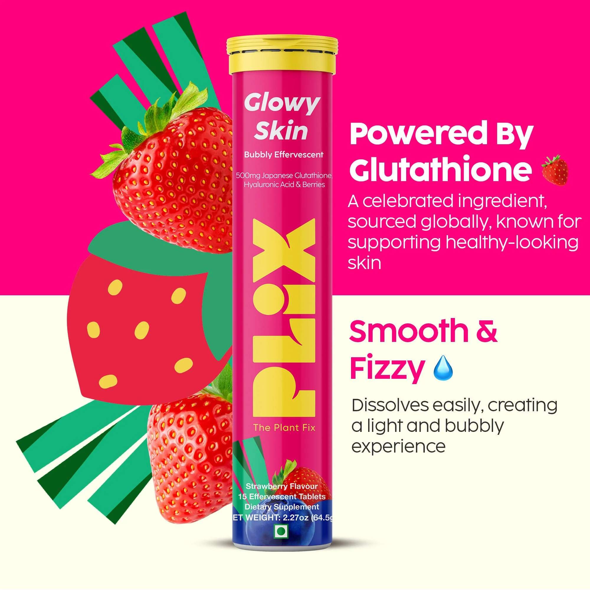PLIX Glowy Skin 500mg Glutathione Supplement with Hyaluronic Acid, Vitamin C, E & Berries | 90 Effervescent Tablets, Strawberry Flavor - Image 6