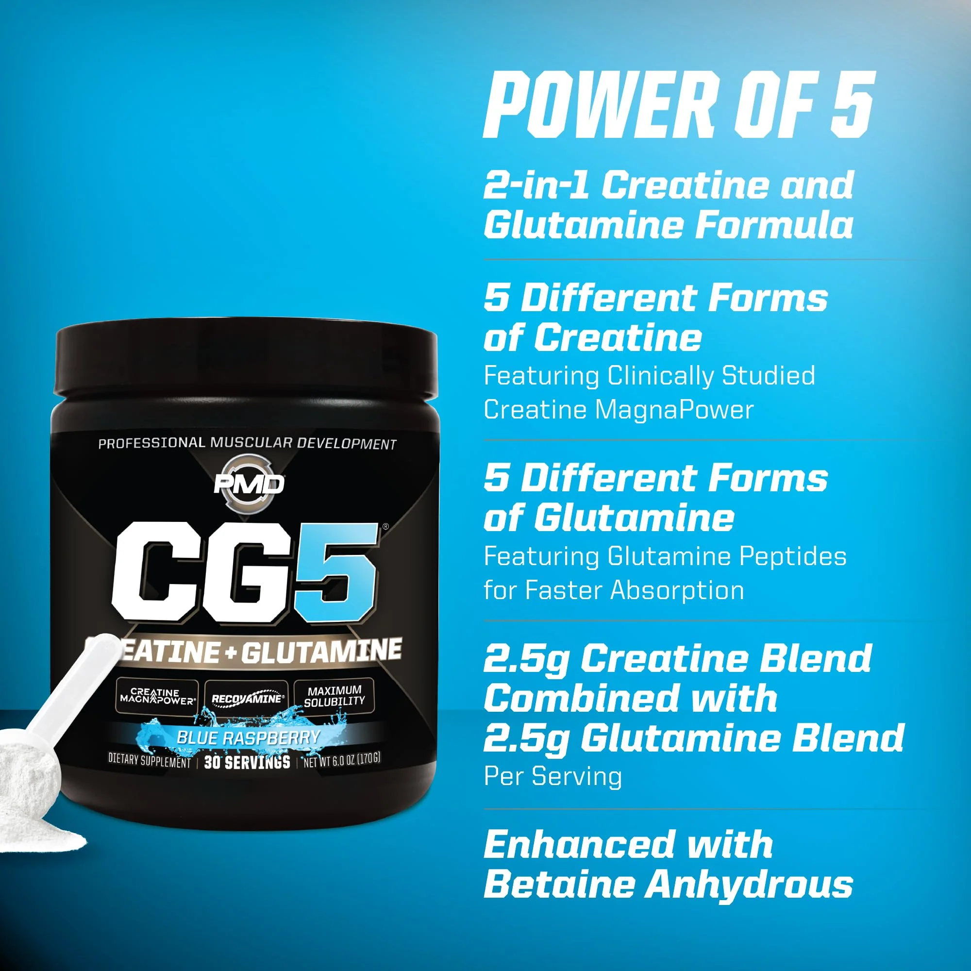 PMD Sports CG5 - Premium Creatine & L-Glutamine Powder for Maximum Strength, Recovery & Lean Muscle - Pre & Post Workout - Blue Raspberry (30 Serv) - Image 12
