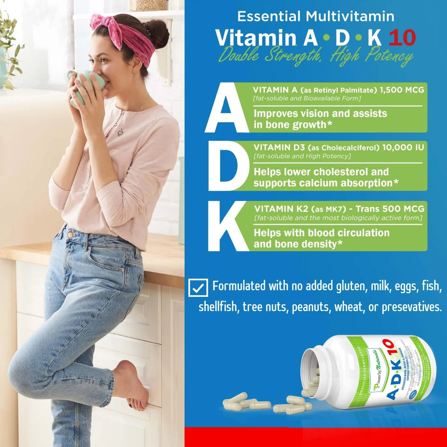 Power By Naturals ADK 10 – High Potency Vitamin A D3 K2 (90 Caps, 2-Pack) - Image 2