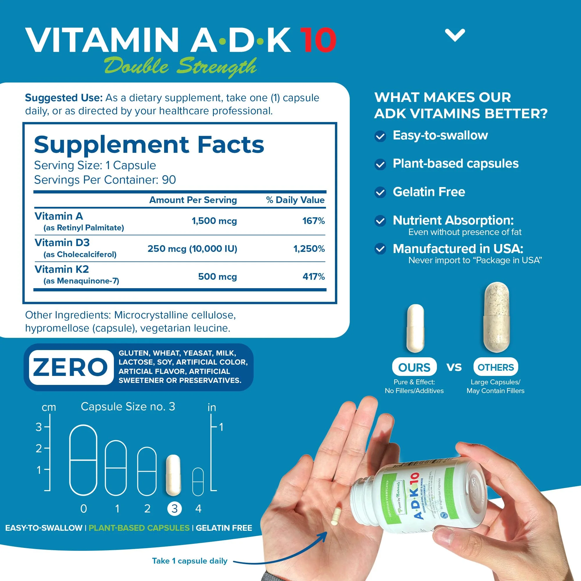 Power By Naturals ADK 10 – High Potency Vitamin A D3 K2 (90 Caps, 2-Pack) - Image 4