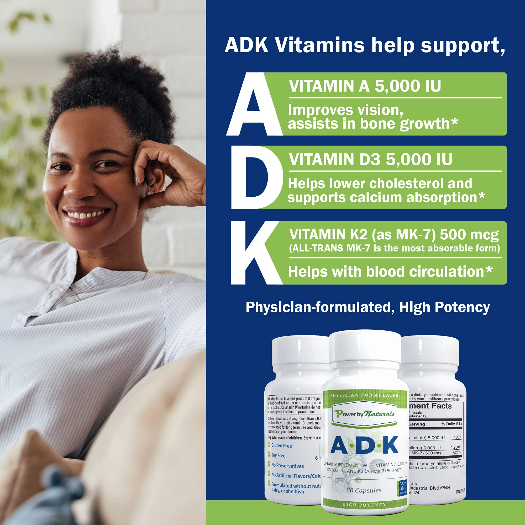 Power By Naturals ADK Vitamin Supplement: Vitamin A, D3 5000 IU, and Vitamin K2 MK-7 for Bone Health | Pack of 2 (60 Capsules Each) - Image 3