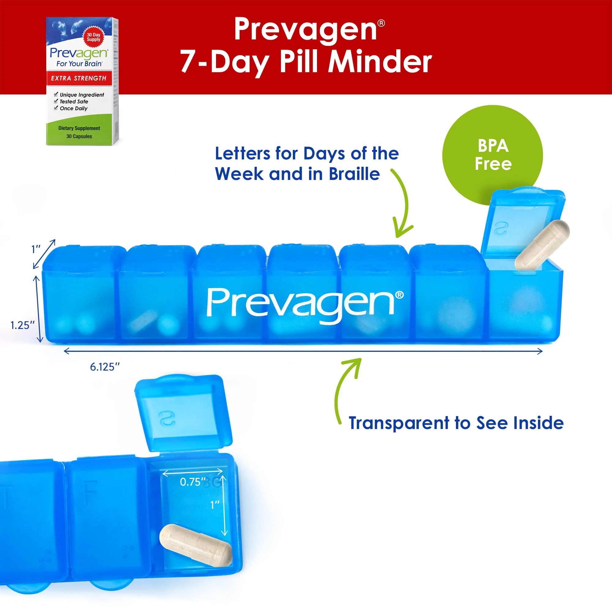 Prevagen Extra Strength - 30 Caps | Apoaequorin 20mg + Vitamin D3 | 7-Day Pill Minder - Image 2