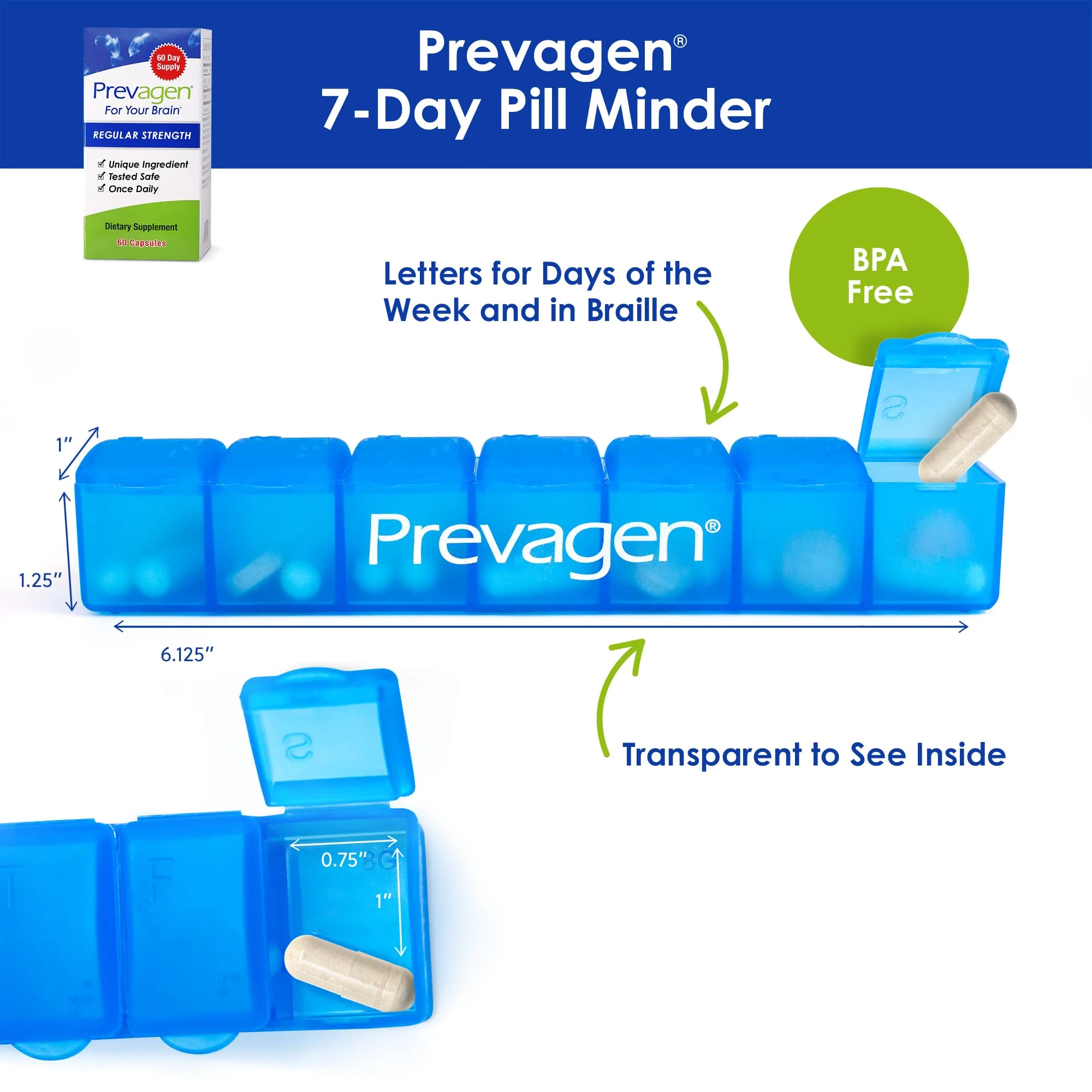 Prevagen Regular Strength 60 Capsules | Apoaequorin + Vitamin D3 | 7-Day Pill Minder - Image 2