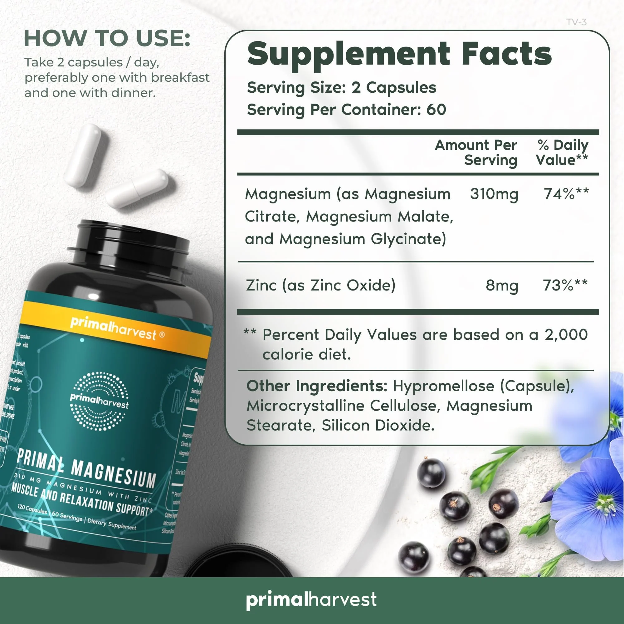 Primal Harvest Magnesium Complex 310mg with Glycinate, Citrate, Malate + Zinc — 2 Pack, 240 Capsules - Image 4