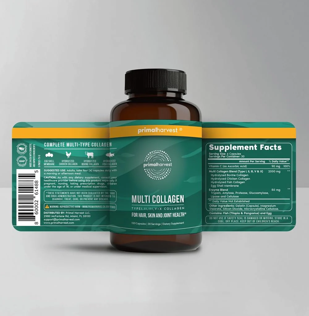Primal Harvest Multi Collagen Pills (Type I II III V X) 120 Capsules – Hair Skin Nails - Image 2