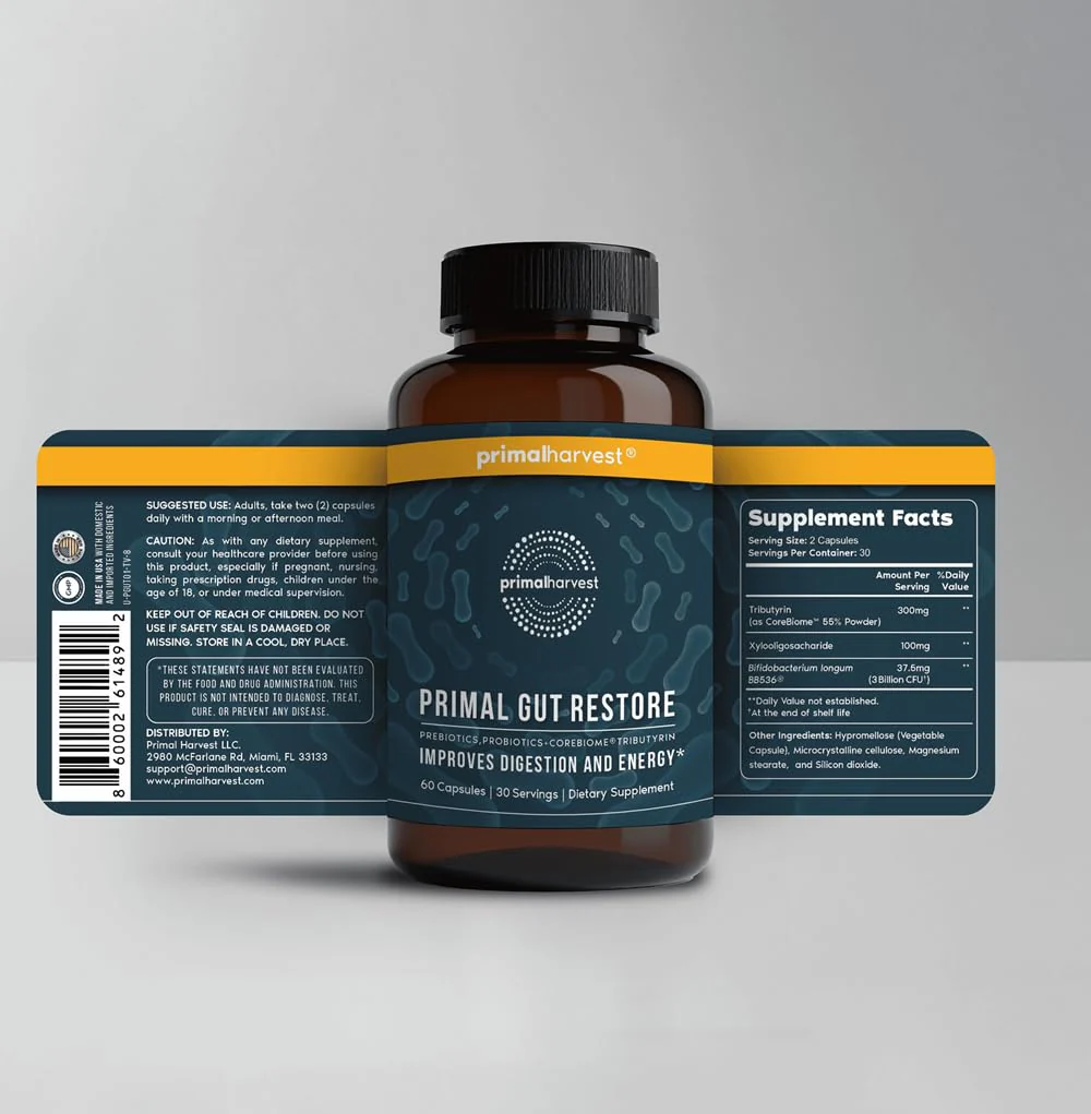 Primal Harvest Restore Gut Health – PRE/PRO/Postbiotics, 60 CT | Digestive Support for Women & Men - Image 3