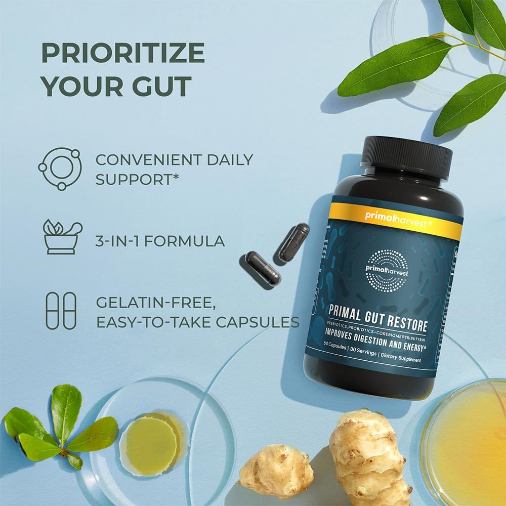 Primal Harvest Restore Gut Health – PRE/PRO/Postbiotics, 60 CT | Digestive Support for Women & Men - Image 7