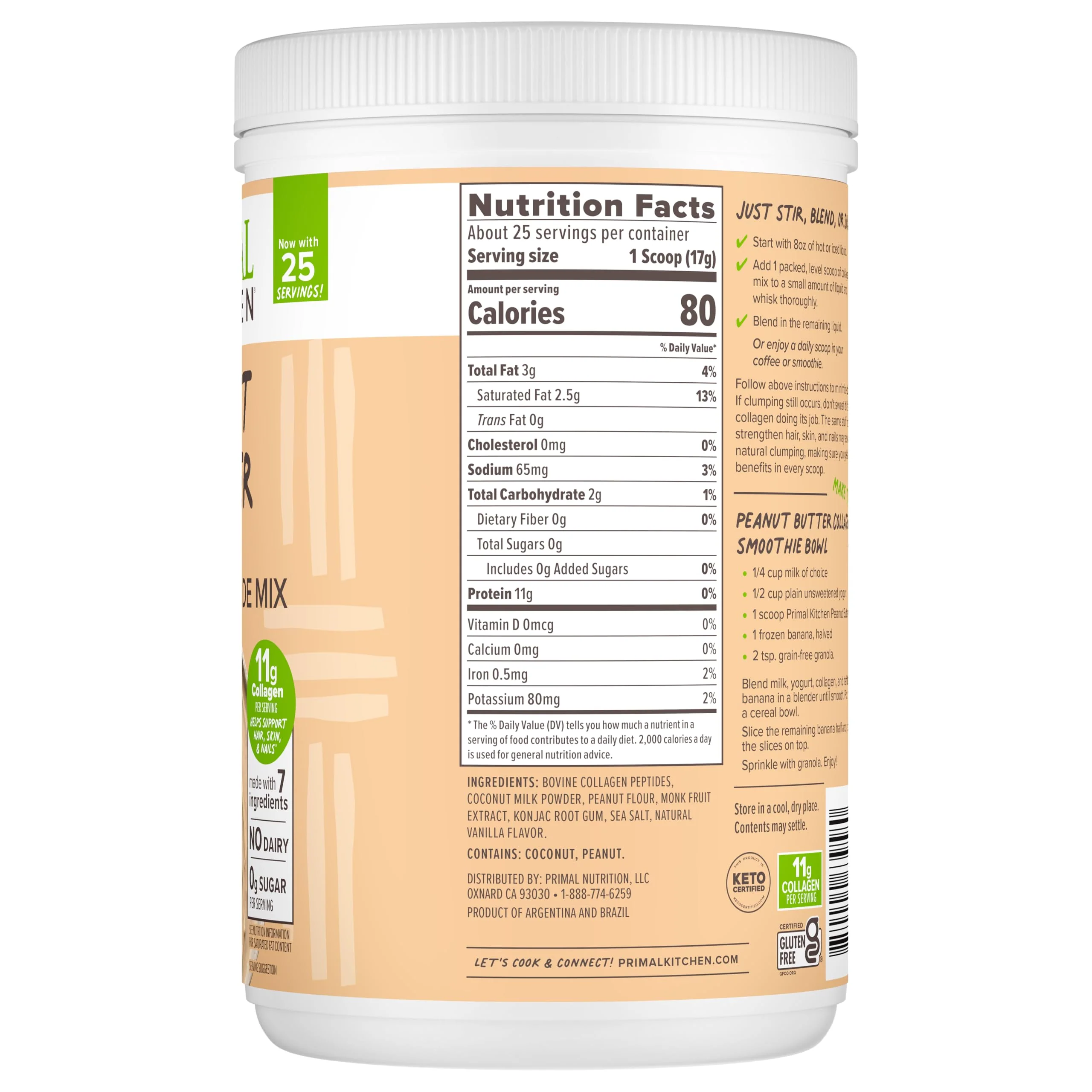 Primal Kitchen Peanut Butter Flavor Collagen Fuel Drink Mix 14.3 oz - Image 2