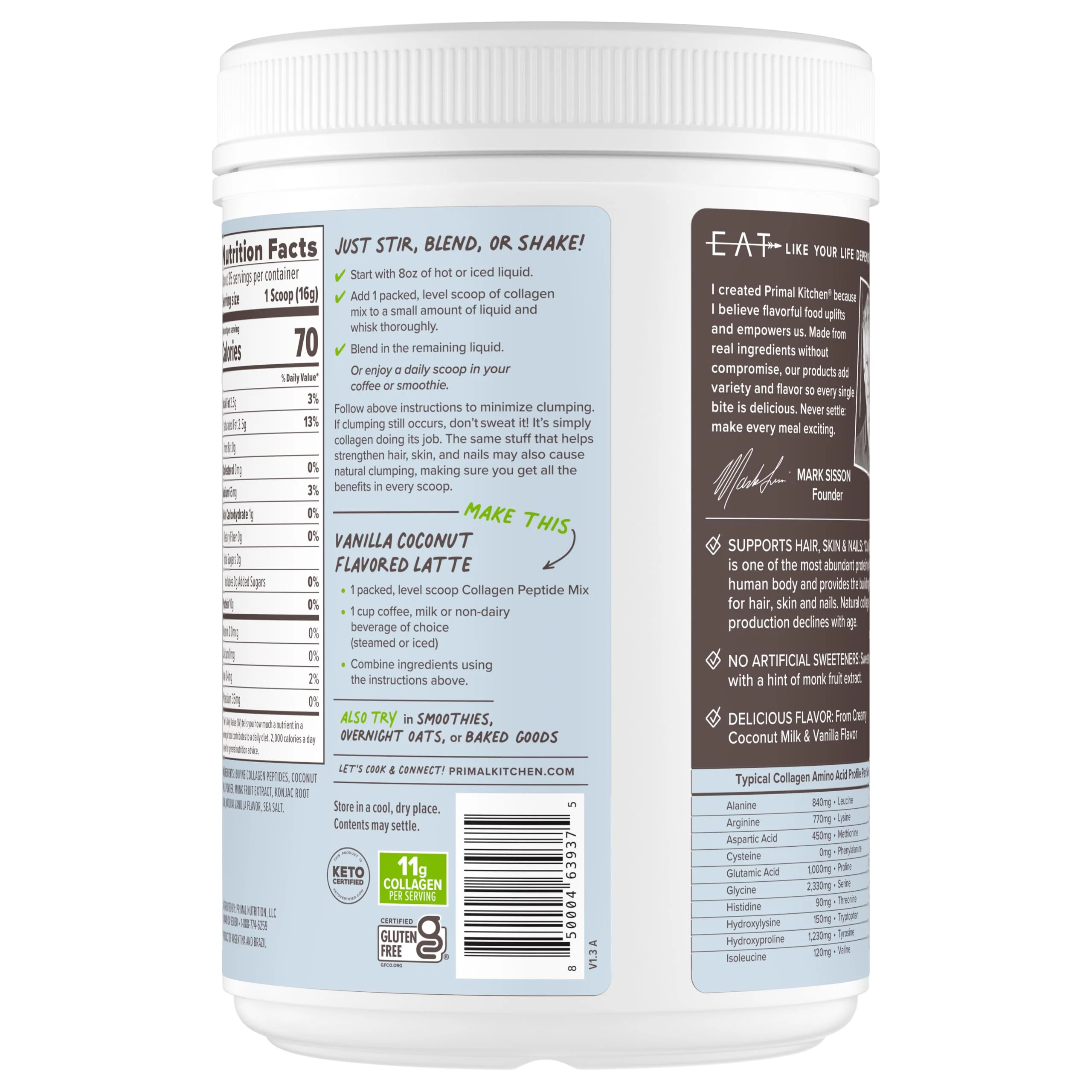 Primal Kitchen Vanilla Coconut Collagen Fuel Drink Mix — Dairy-Free, 11g Collagen, No Artificial Sweeteners, 20 oz - Image 3