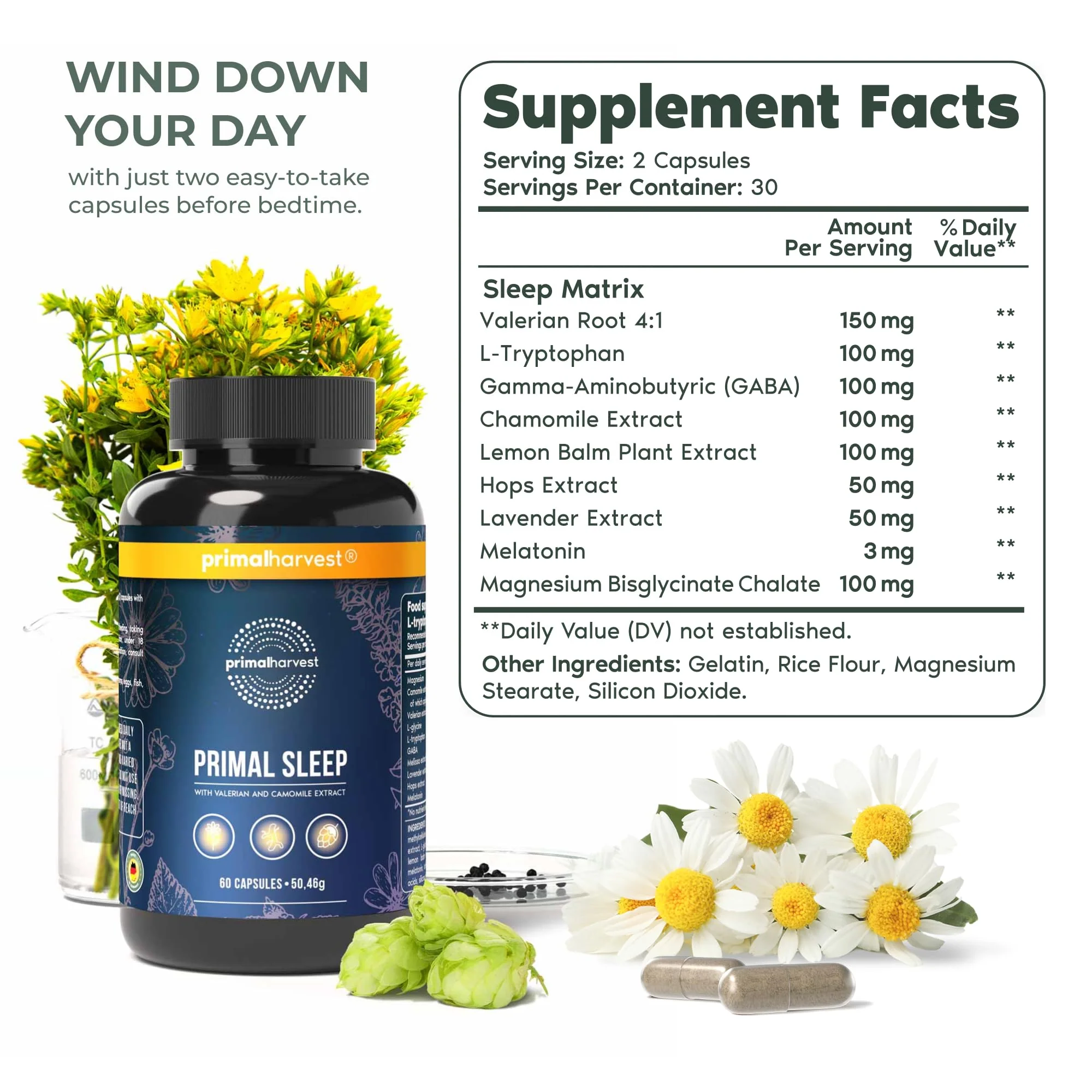 Primal Sleep 2 Pack by Primal Harvest – 120 Capsules (Valerian, L-Tryptophan, GABA, Chamomile, Melatonin 3 mg) - Image 3