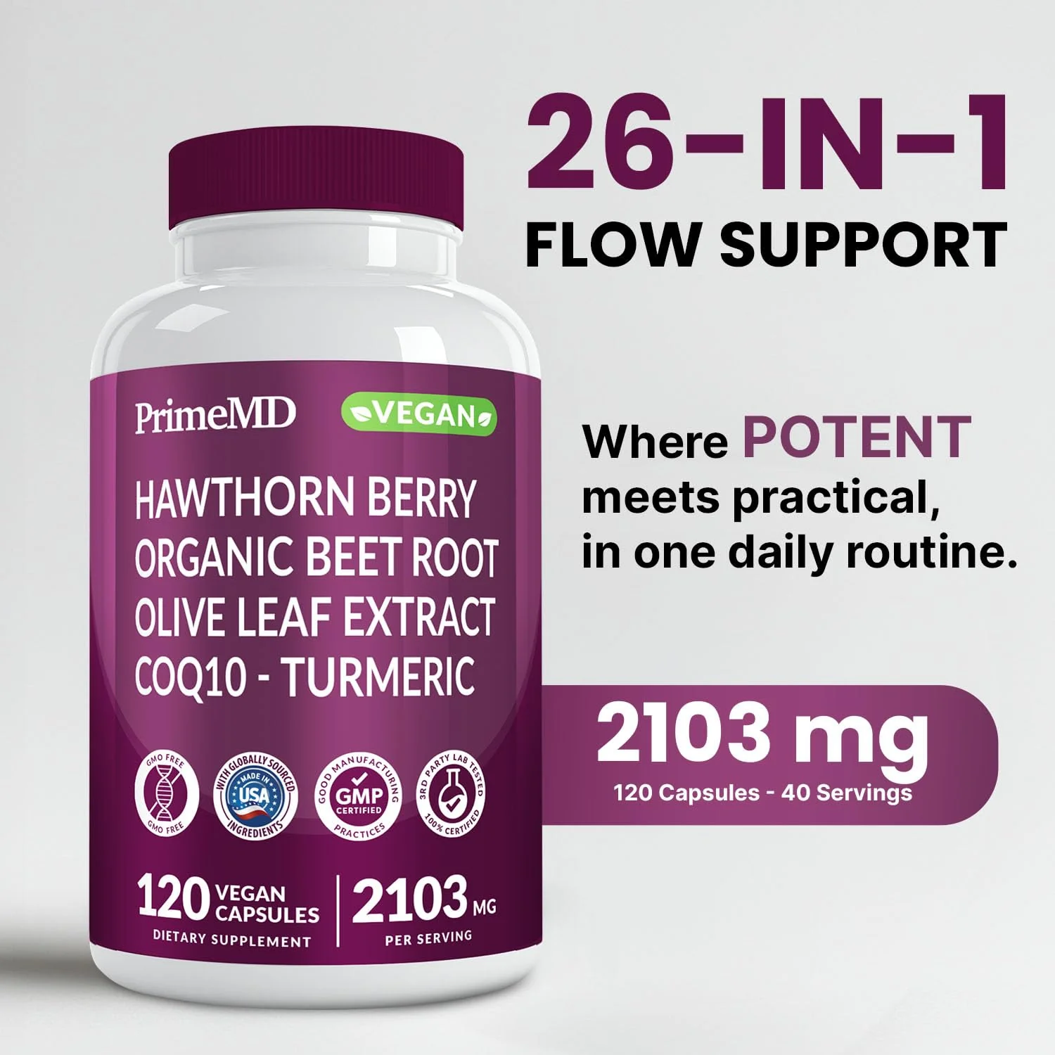 PrimeMD 26-in-1 Nitric Oxide Supplement – Heart & Circulation Support with CoQ10, Beet Root, Hawthorn & Garlic | 2103mg per Serving (120ct x 2) - Image 3