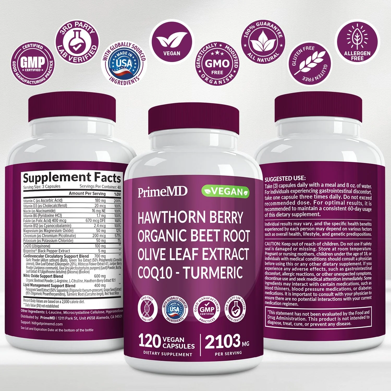 PrimeMD 26-in-1 Nitric Oxide Supplement – Heart & Circulation Support with CoQ10, Beet Root, Hawthorn & Garlic | 2103mg per Serving (120ct x 2) - Image 9