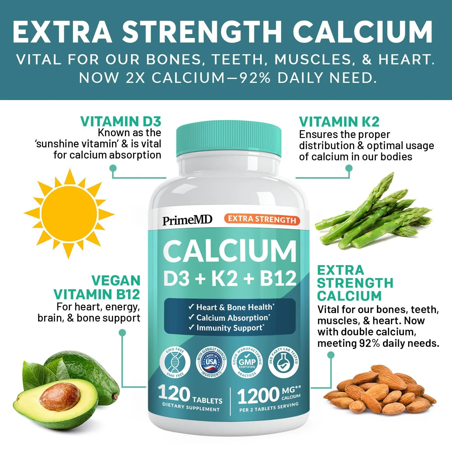 PrimeMD 4-in-1 Calcium 1200 mg with Vitamin D3 & K2 – Vegan Supplement (120 Count) - Image 2