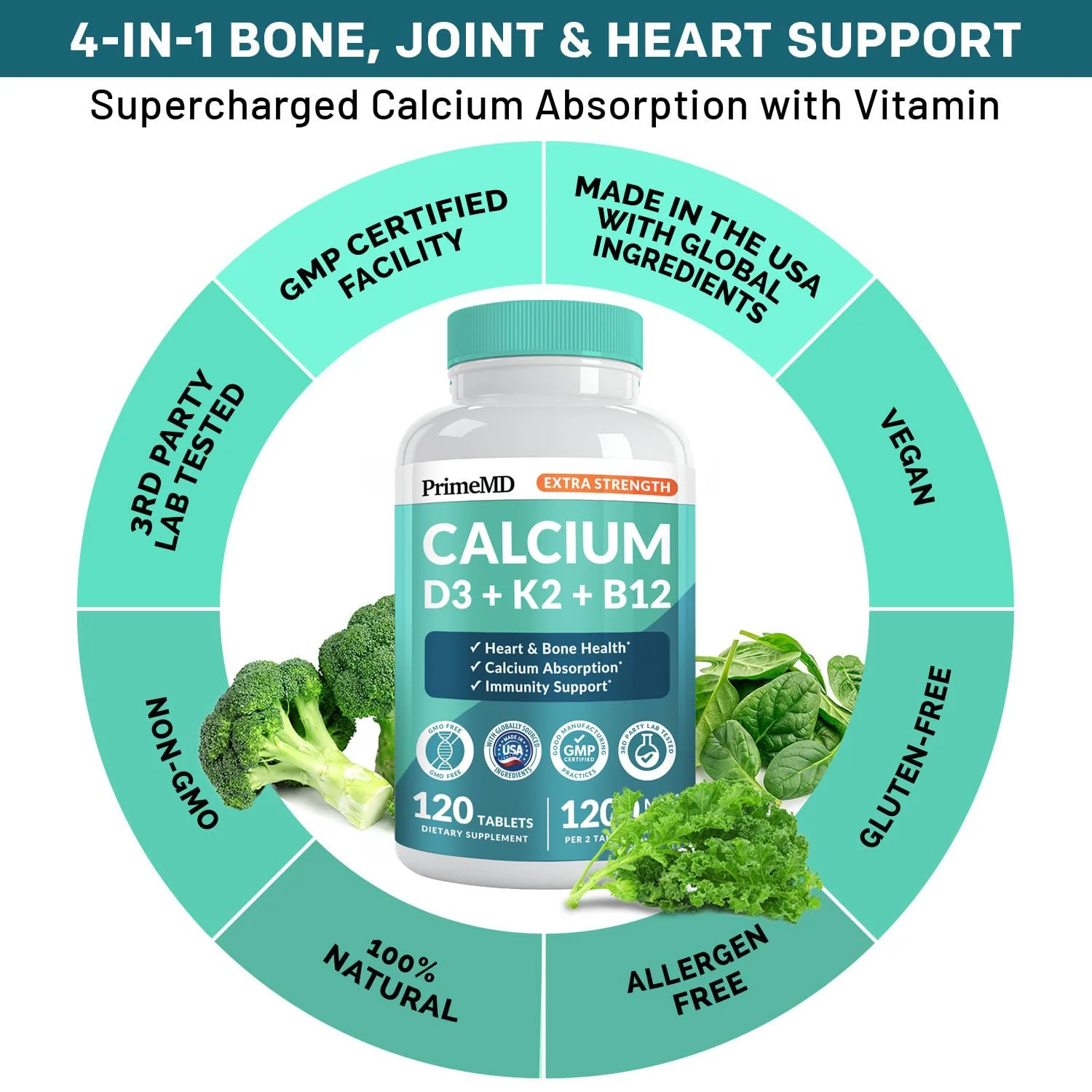 PrimeMD 4-in-1 Calcium 1200 mg with Vitamin D3 & K2 – Vegan Supplement (120 Count) - Image 3